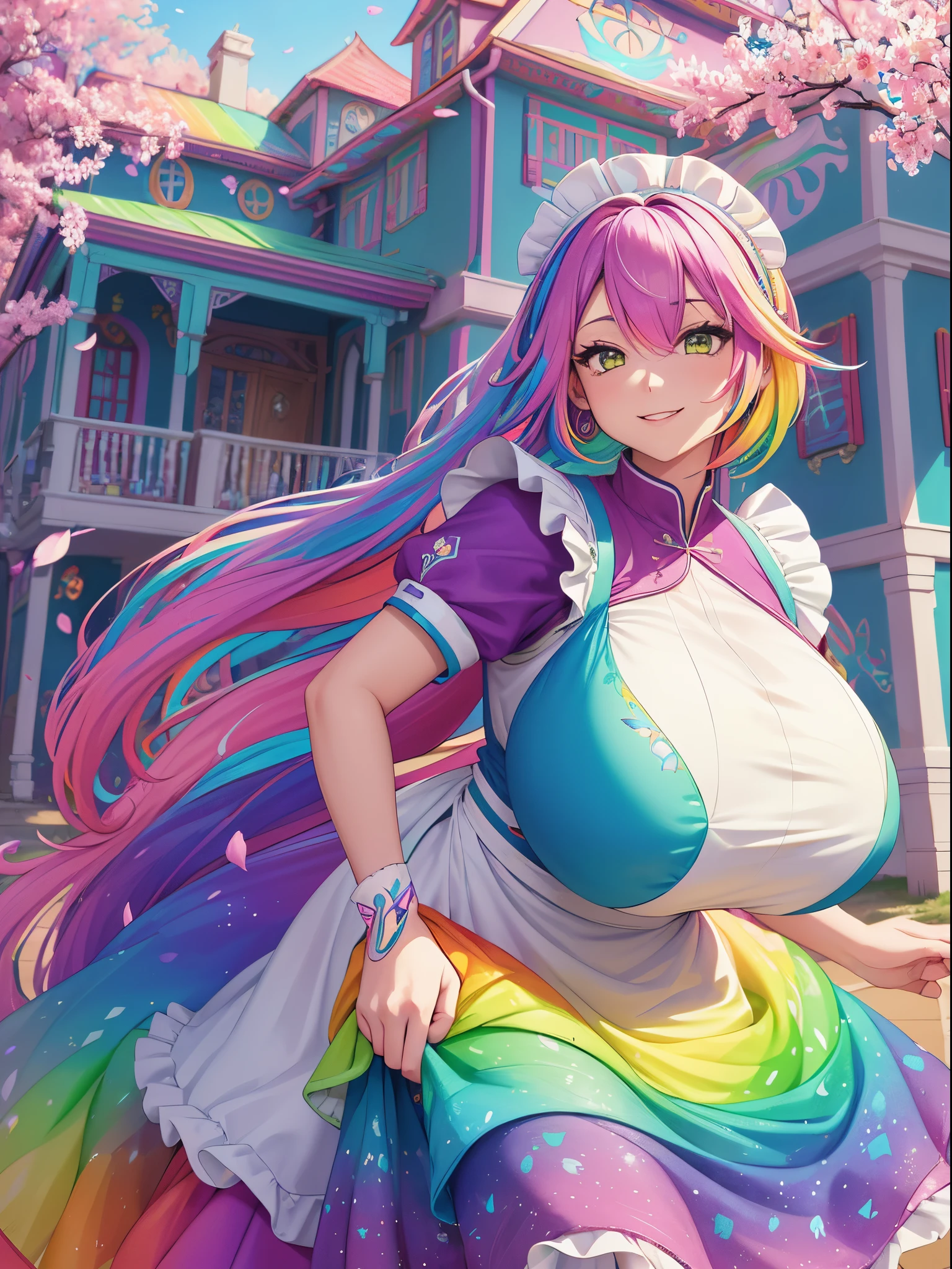 Playing in the tide,Luxley, Split color hair, Wind, Flying petals, stainedglassai, ornamental, Intricate details, dufkova, 8K, linear art, watercolor paiting, ink watercolor, Colorful hair, Super long hair,Big braid ponytail,Ahoge, Wavy,(colorful house maid uniform:1.5),Rainbiu color maid clothes, One Girl's Maid,alraune,flower, alraune,(colorful colorful clothes:1.9),(gigantic huge tits:1.3),Gentle smile,See audience view,Charming wink,