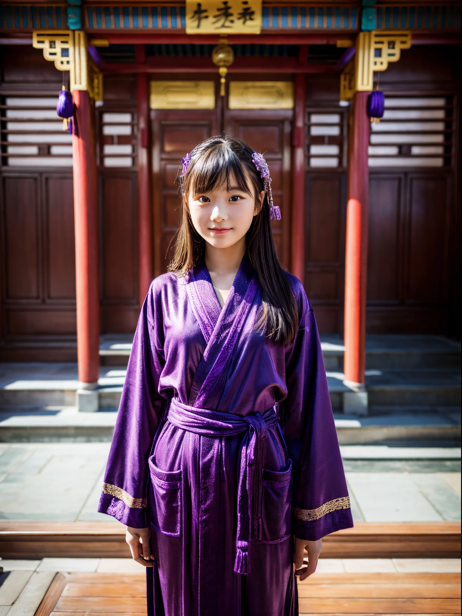 A girl, wearing a purple and black robe, stands in a Chinese-style building