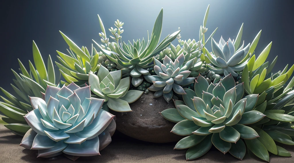 (tmasterpiece, Best quality at best, ultra - detailed),Pearl Chlorophytum,Prayer beads,Succulents,succulent forest,crystal,light blue white,Super refined,Super detailed,vivaciousness,with dynamism,with dynamism,shine