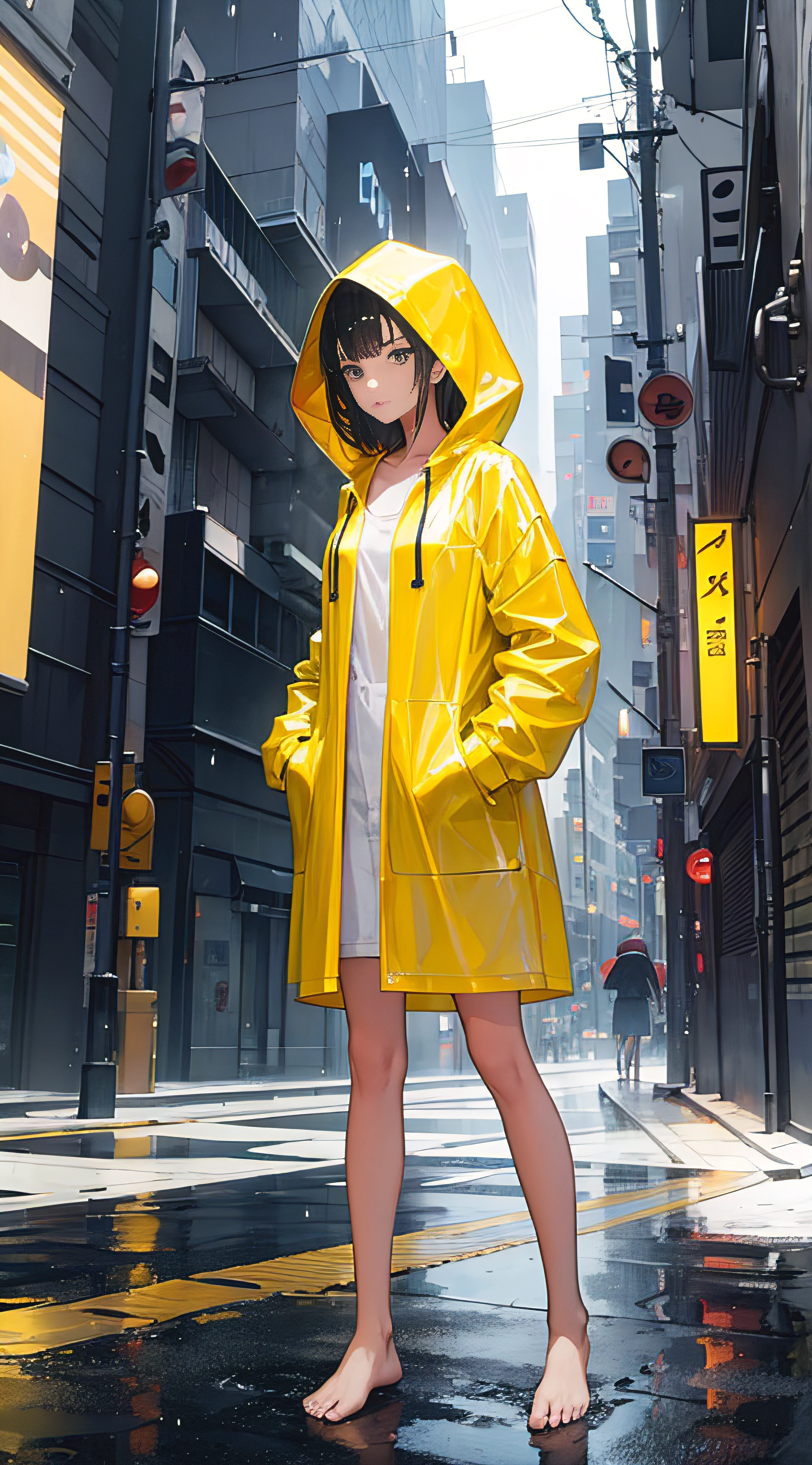 Teenage girl in yellow raincoat,full body pov,stand posture,naked leg,Barefoot,Standing in heavy rain