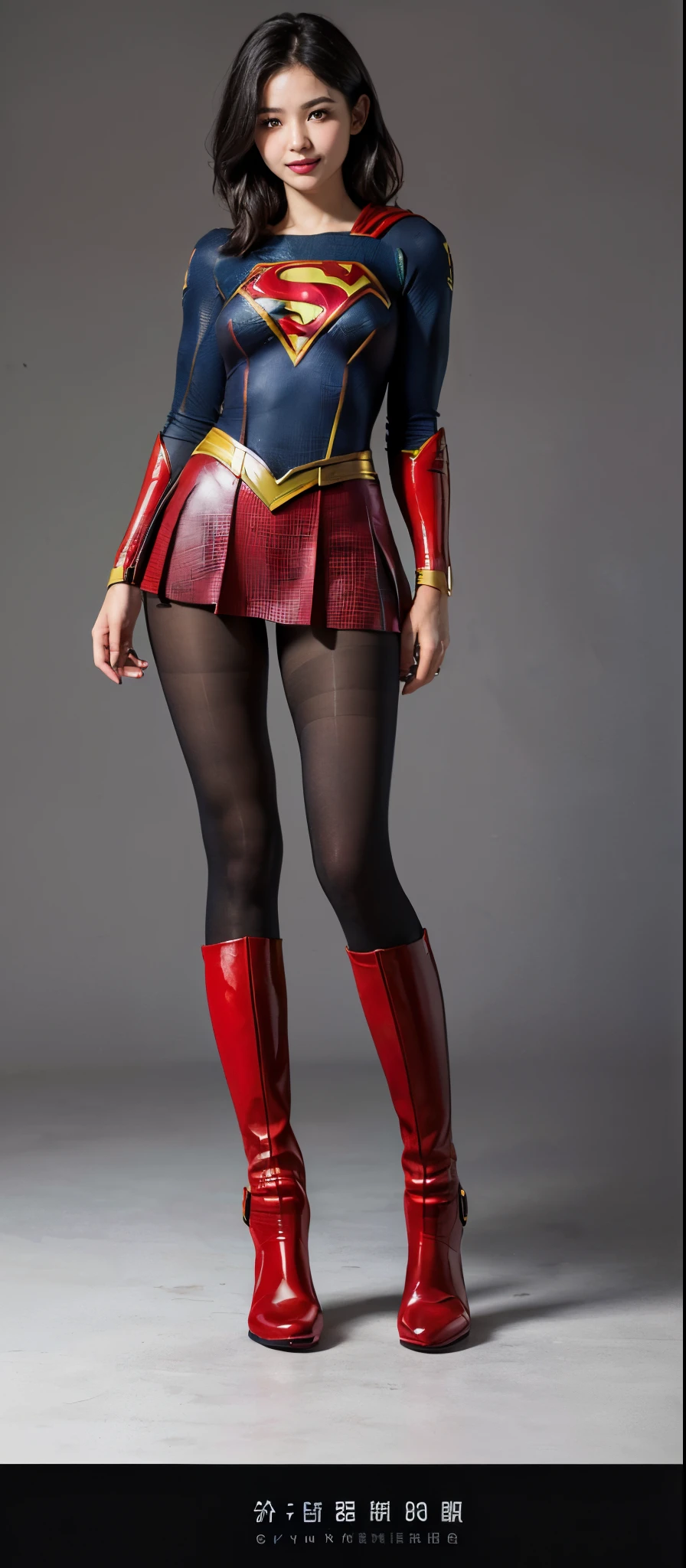 Asian beautiful girl face、Suffering、mouth is always open sloppily、Drool is always dripping from my mouth、Asian Beautiful Girl、(((Wear black tights on your beautiful legs.)))、(((beauty legs)))、(((facial expression of smile)))、((((Make the most of the original image)))、(((Supergirl Costume)))、(((a short bob、beautiful hairl)))、(((Suffering)))、(((Feet must necessarily be worn with black tights)))、(((You need to wear red boots)))、((Top image quality、8K))、((top-quality、8K、masterpiece:1.3))、(((Keep your background simple)))、Crisp focus:1.2、Beautiful woman with perfect body shape:1.4、Slender Abs:1.2、a wet body:1.5、Highly detailed facial and skin texture、8K、beauty legs