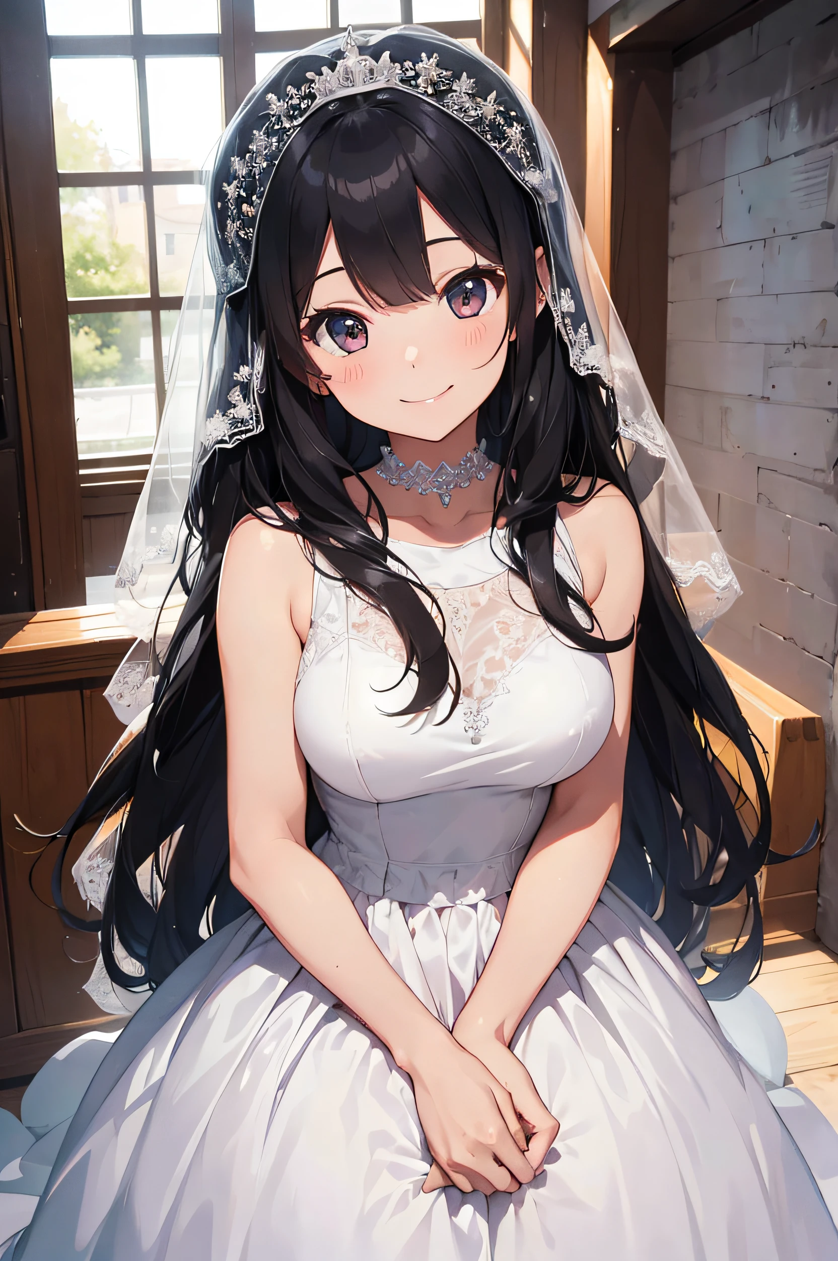 25-year-old bride、Very smiling、wearing a wedding veil、Wearing a prom dress、The place is chapel、Plain but cute、Long black hair、The illustrations are in the style of romance manga anime.