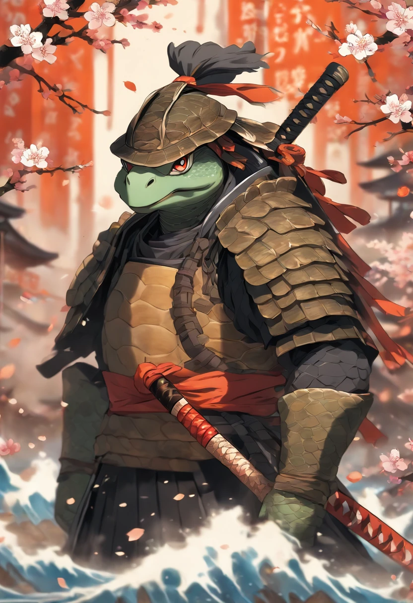 The bravest and noblest turtle warrior, eBlue eyes, Incredibly detailed black samurai armor,Comes with sashimi battle flag, cherry blossoms fluttering in the wind, Perfect masterpiece, high qulity, A high resolution, orange colors