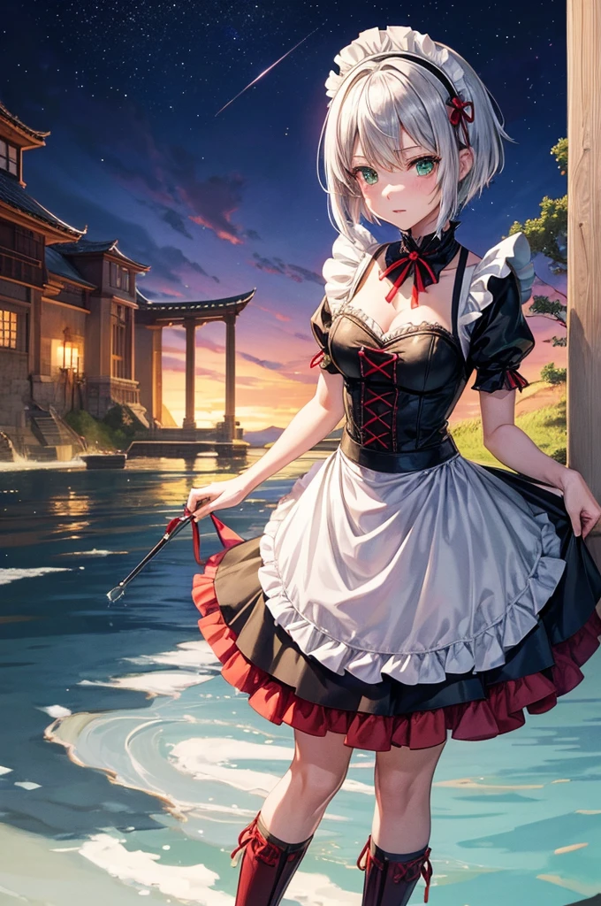 masutepiece, Best Quality, Illustration, 1girl in, Noel Genshin Impact, short silver hair, Green eyes, Maid skirt with red side parts, Maid Night, Made of night armor, Castle Bridge, Water,