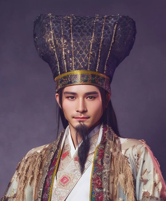 Close-up of a man with a long beard wearing a hat, inspired by Wu Bin, inspired by Hu Zaobin, inspired by Huang Shen, Inspired by Gongxiang, inspired by Wu Daozi, inspired by Xie Huan, in style of pan ren wei, Inspired by Li Cheng, Inspired by Dujin, pan ren wei, inspired by Guo Xi