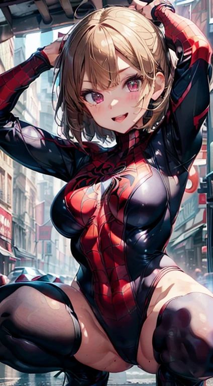 8k, masterpiece, female spiderman, squatting, armpit, super beautiful, seductive , perfect body, medium large breast, opened mouth, caring smile, heart shaped pupils, shortcut, bob, bang style, blonde hair
