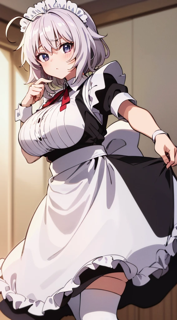(((top-quality,ultra-detailliert,8K,))),white hair,long animal ears,plump tits,(anime ahoge:1.6),(maid clothes:1.4),