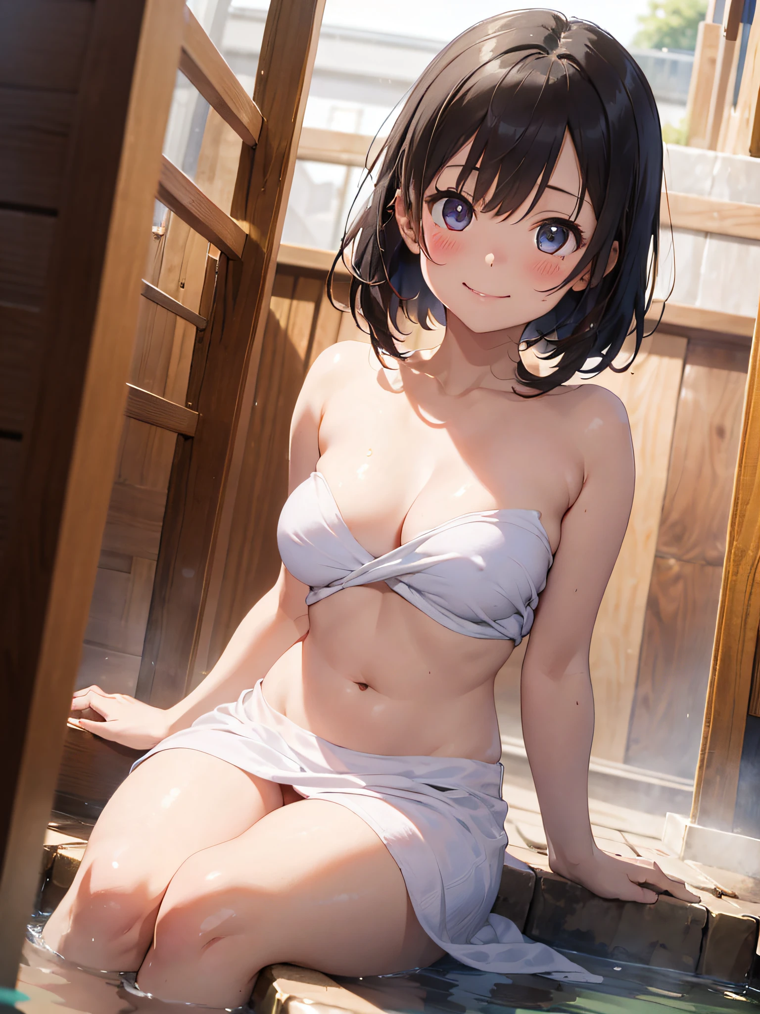 (masterpiece:2.0), (top-quality:2.0), (sitting naked in the hot spring:1.5), (white Tube top extremely short bath towel:1.5), (super sexypose:1.5), (look up from below:1.5), (blushed face:1.5), (hide crotch with hand:1.4), (hide chest with hand:1.4), (Spilling boobs:1.5), (realistic:1.5), under the boobs, side boob is visible, naked, 1 little girl, precise small hands, Embarrassed look, light smile, Look at me and smile, extremely cute girl, innocent face, young face, Clear eyes, Shining eyes, small breast, shoulder is visible, Tummy is visible, cleavage of the breast is visible, stomach is visible, the lower abdomen is visible, The buttocks is visible, The crotch is visible, No pubic hair, dynamic posing, The beautiful skin, ultra-definition, Top resolution, japan high school student, brown hair
