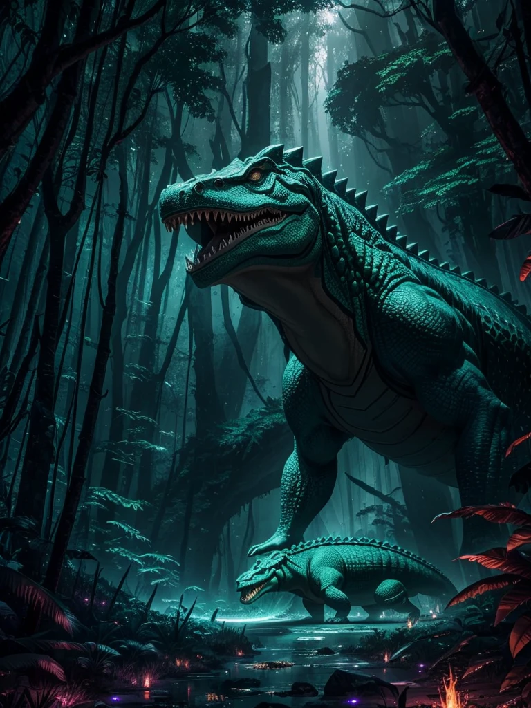 （（tmasterpiece，best qualtiy）），Beautiful 8K Ultra HD professional photos, Sharp focus, In a stunning fantasy world, large crocodile man, biotech structure, full body image, Interstellar, jungle surrounded by fireflies，ssee-through，depth of fields，Magnificent jungle image scene，