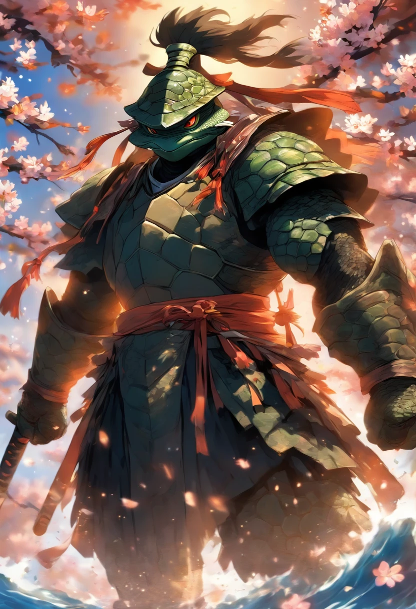 The bravest、The most noble turtle warrior, eBlue eyes, Incredibly detailed black samurai armor,Epiphyllum Fillet Battle Flag, cherry blossoms fluttering in the wind, Perfect masterpiece, high high quality, A high resolution, orange colors