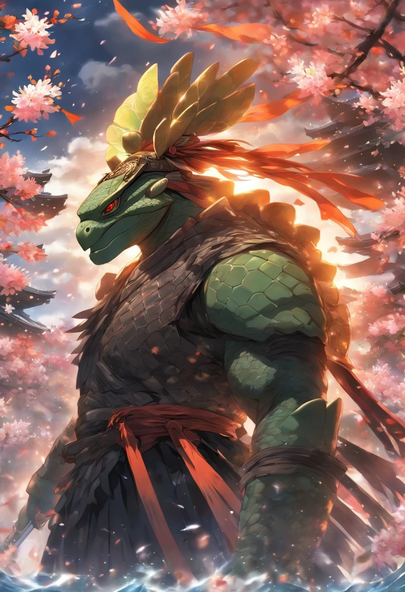 The bravest、The most noble turtle warrior, eBlue eyes, Incredibly detailed black samurai armor，Epiphyllum Fillet Battle Flag, cherry blossoms fluttering in the wind, Perfect masterpiece, high high quality, A high resolution, orange colors
