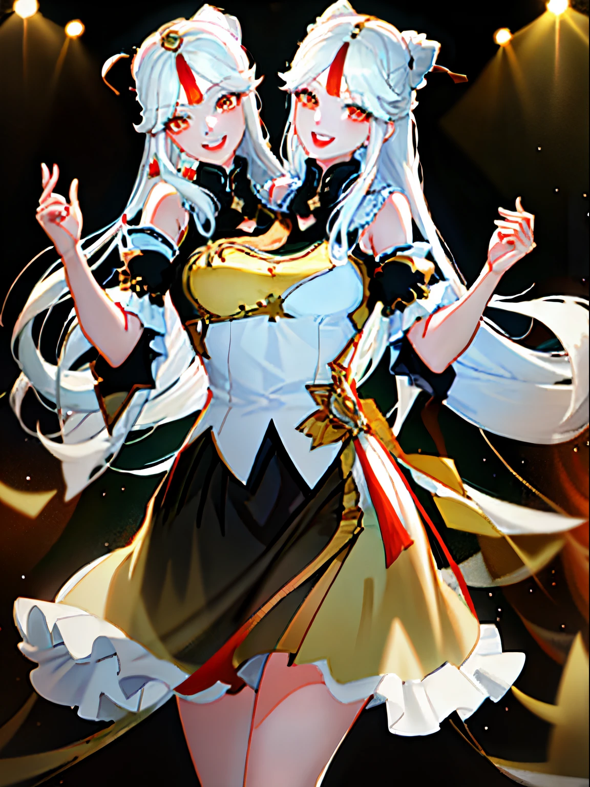 (masterpiece, best quality), best resolution, (2heads:1.5), 1girl, white hair, long hair, orange eyes, open mouth, smile, happy, singing, dancing, white sleeveless shirt, aqua necktie, black skirt, detached sleeves, concert stage