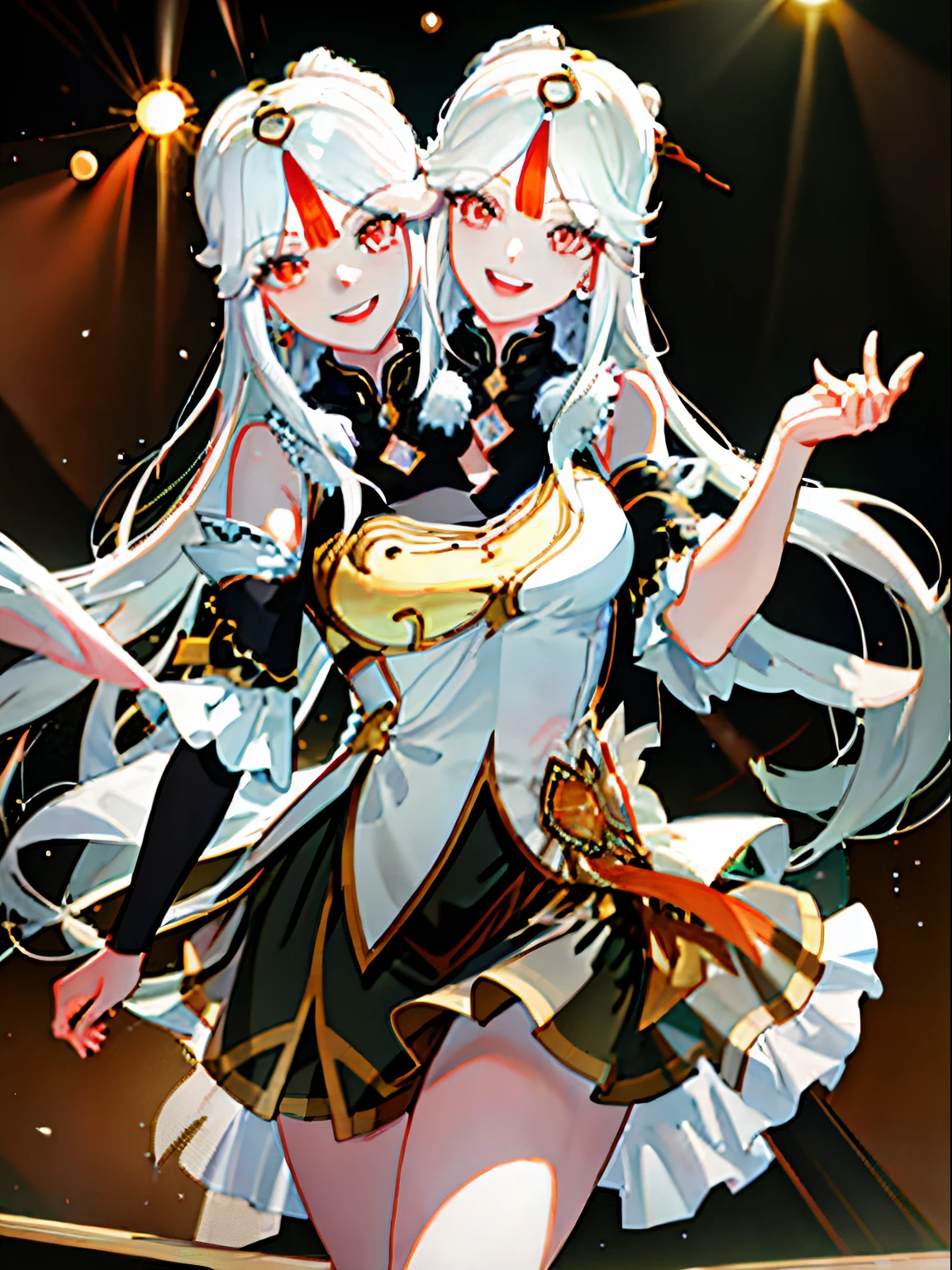 (masterpiece, best quality), best resolution, (2heads:1.5), 1girl, white hair, long hair, orange eyes, open mouth, smile, happy, singing, dancing, white sleeveless shirt, aqua necktie, black skirt, detached sleeves, concert stage