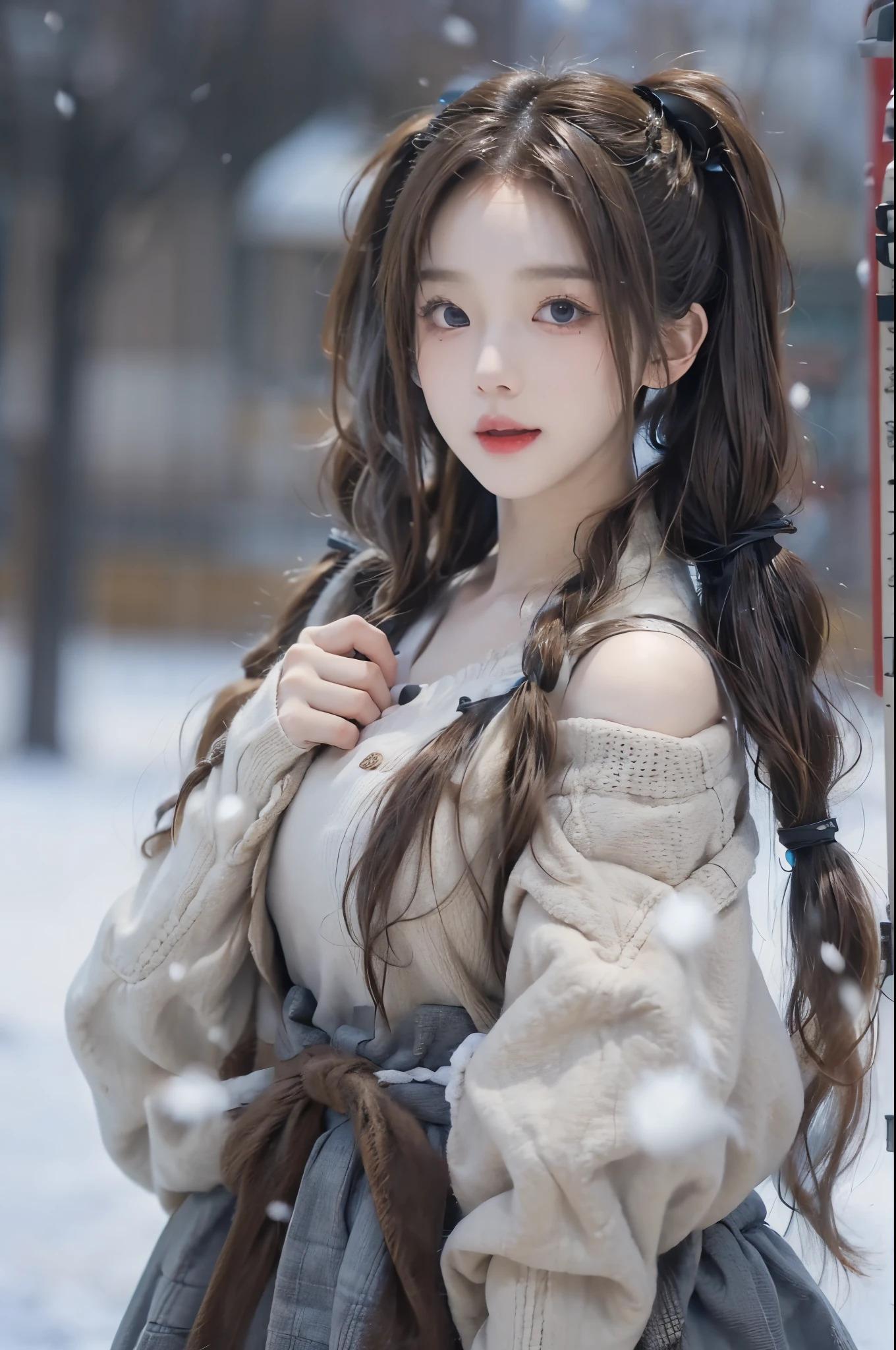 ((top-quality、8K、masterpiece:1.3))、(((1womanl)):1.3),((anatomy correct):1.45)、(Full body:1.5)、(((32years old)))、foco nítido:1.2、(realisitic、Photorealsitic:1.37)、snowscape、⛄️⛄️⛄️、A smile、😮💨😮💨😮💨😮💨❄️❄️❄️❄️、White breath、Cold、((brunette short twintails:1.3))