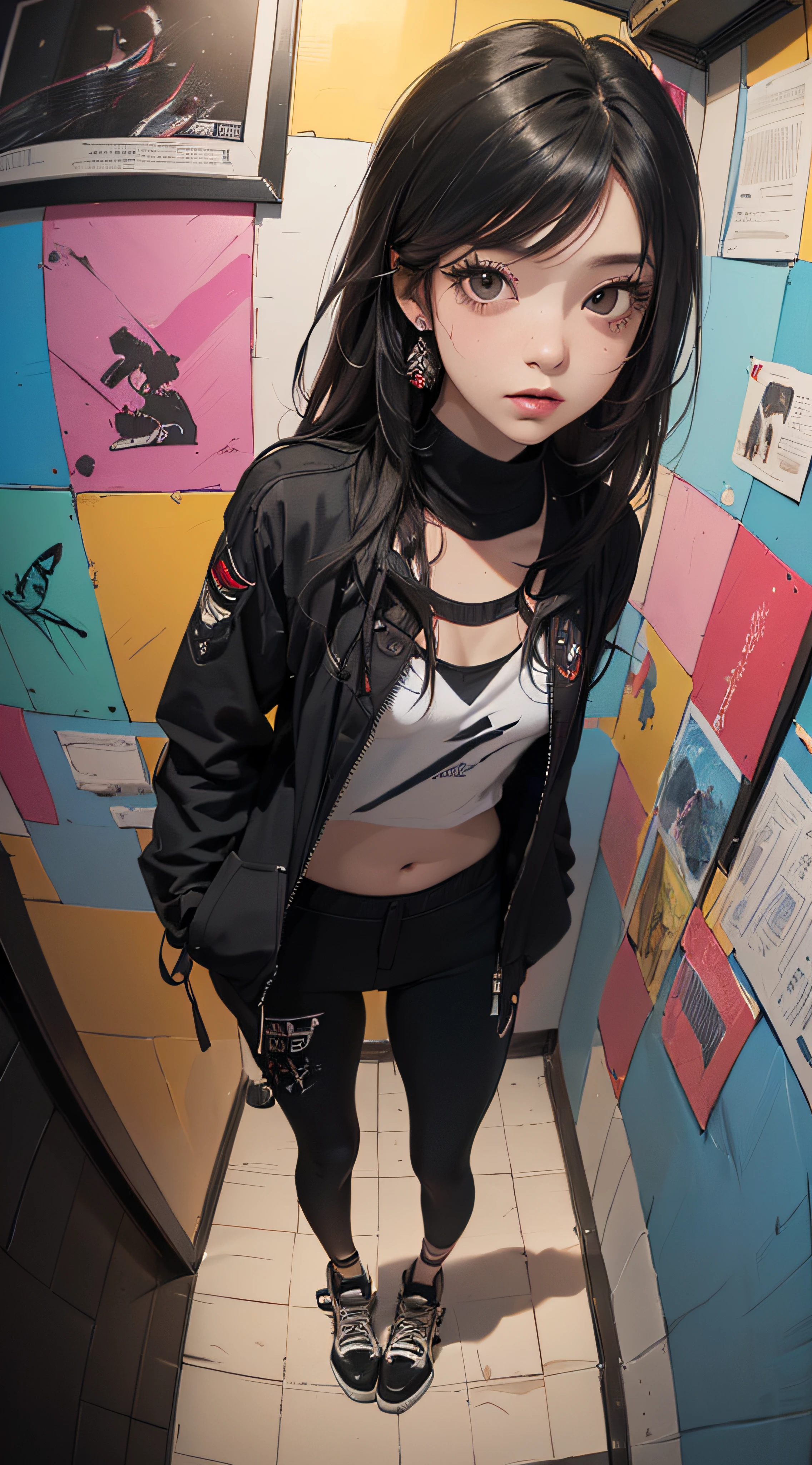 (((8k wallpaper of extremely detailed CG unit:1.2, masterpiece, hight resolution:1.2, top-quality:1.2, masutepiece))), ((a very beautiful woman, Hands in pockets:1.8, Grunge Fashion:1.2, Wearing a blouson:1.2, Wearing leggings, Wearing shoes)), ((extra detailed face, Highly detailed black eyes, extra detailed body, Top quality real texture skins)), (A dark-haired, length hair, de pele branca, Small), ((colorful geometric pattern wall, Colorful wall)), (high-angle:1.2, Fisheye:1.3), hyper realisitic, digitial painting,