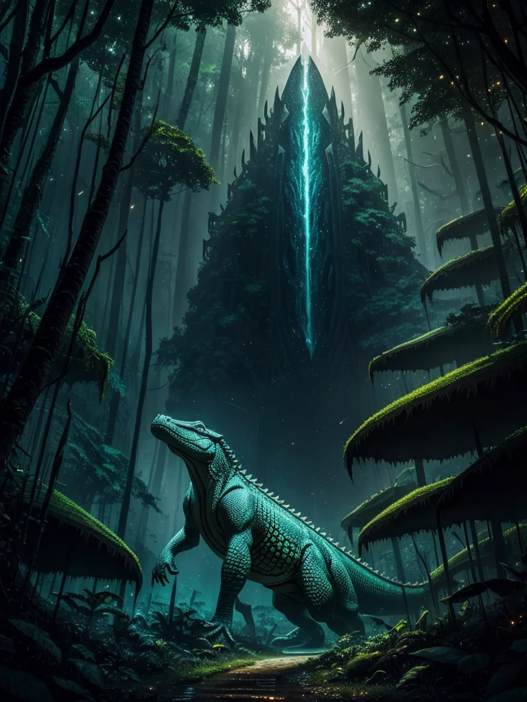 ((tmasterpiece,best qualtiy)),Beautiful 8K Ultra HD professional photos, Sharp focus, In a stunning fantasy world, crocodile man, biotech structure, full body image, Interstellar, jungle surrounded by fireflies,ssee-through,depth of fields,Magnificent jungle image scene,