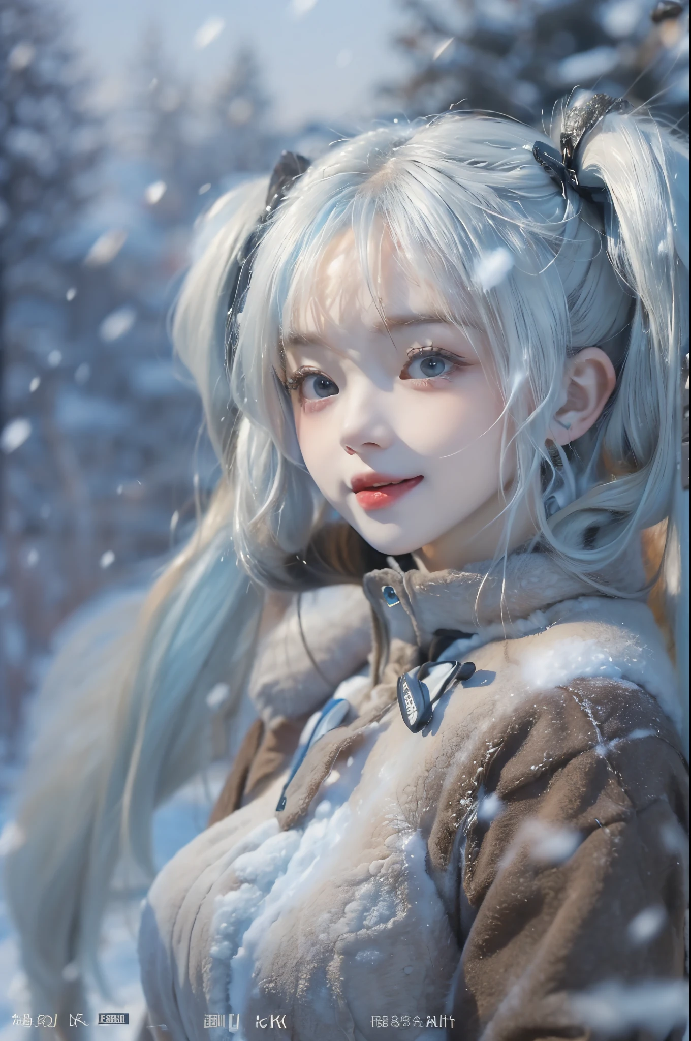 ((top-quality、8K、masterpiece:1.3))、foco nítido:1.2、(realisitic、Photorealsitic:1.37) 、((short twintails:1.3))、snowscape、⛄️⛄️⛄️、A smile、😮💨😮💨😮💨😮💨❄️❄️❄️❄️、28 year old、White breath、cold air