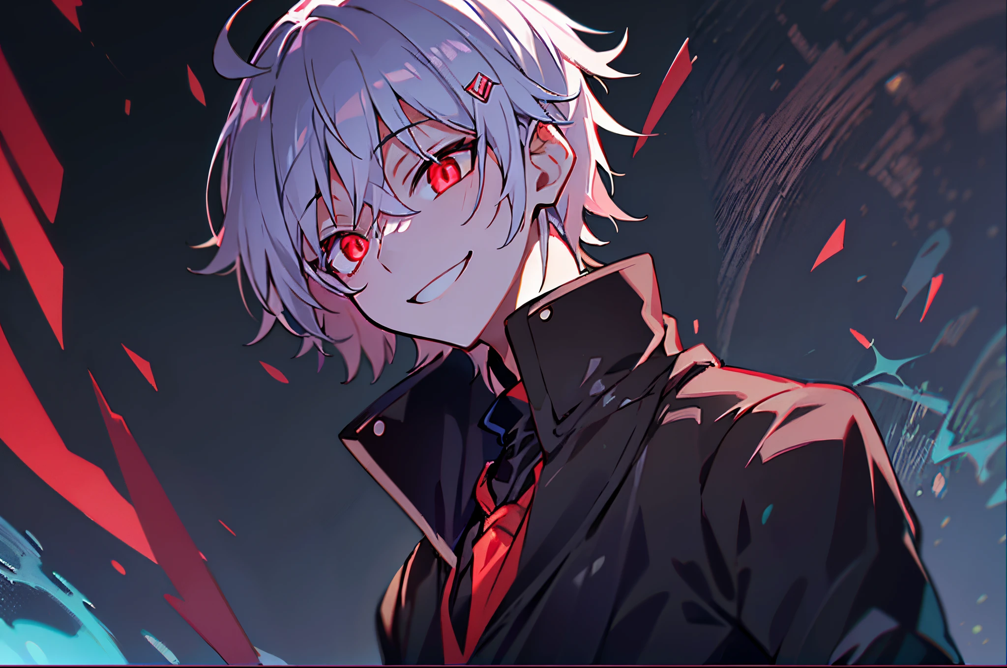 hight resolution,close range、Anime boy with white hair and red eyes staring at camera, Glowing red eyes,slim, dressed in a black outfit,Shadow Body,colorful backdrop,hair messy,yameroyandere, (Crazy smile:1.2)、Diagonal angle