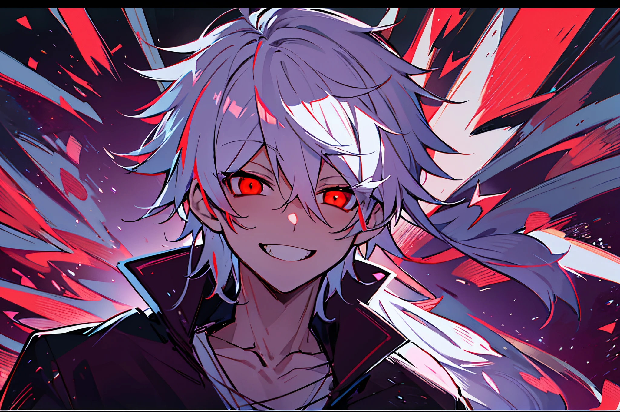 hight resolution,close range、Anime boy with white hair and red eyes staring at camera, Glowing red eyes,slim, dressed in a black outfit,Shadow Body,colorful backdrop,hair messy,yameroyandere, (Crazy smile:1.2)、Diagonal angle