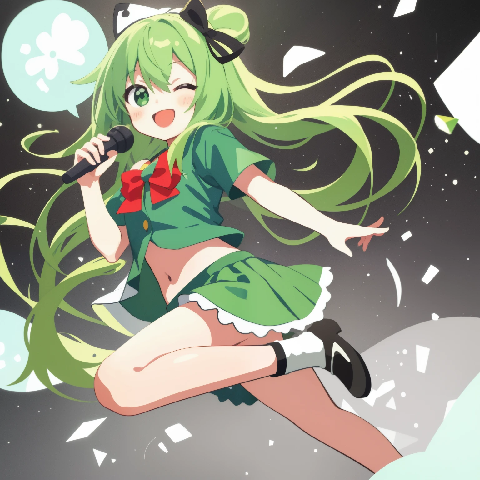 超A high resolution, nffsw, Best aesthetic, Best Quality, masutepiece, ik1、Full body depiction, Laughing、1girl in、Jade-colored jacket、cartoon bone、Chibikyara, flat anime style, Green hair, Red Guitar, Green shirt, Navel, Green skirt, Black ribbon, an anime girl, digital anime illustration, Plain white background