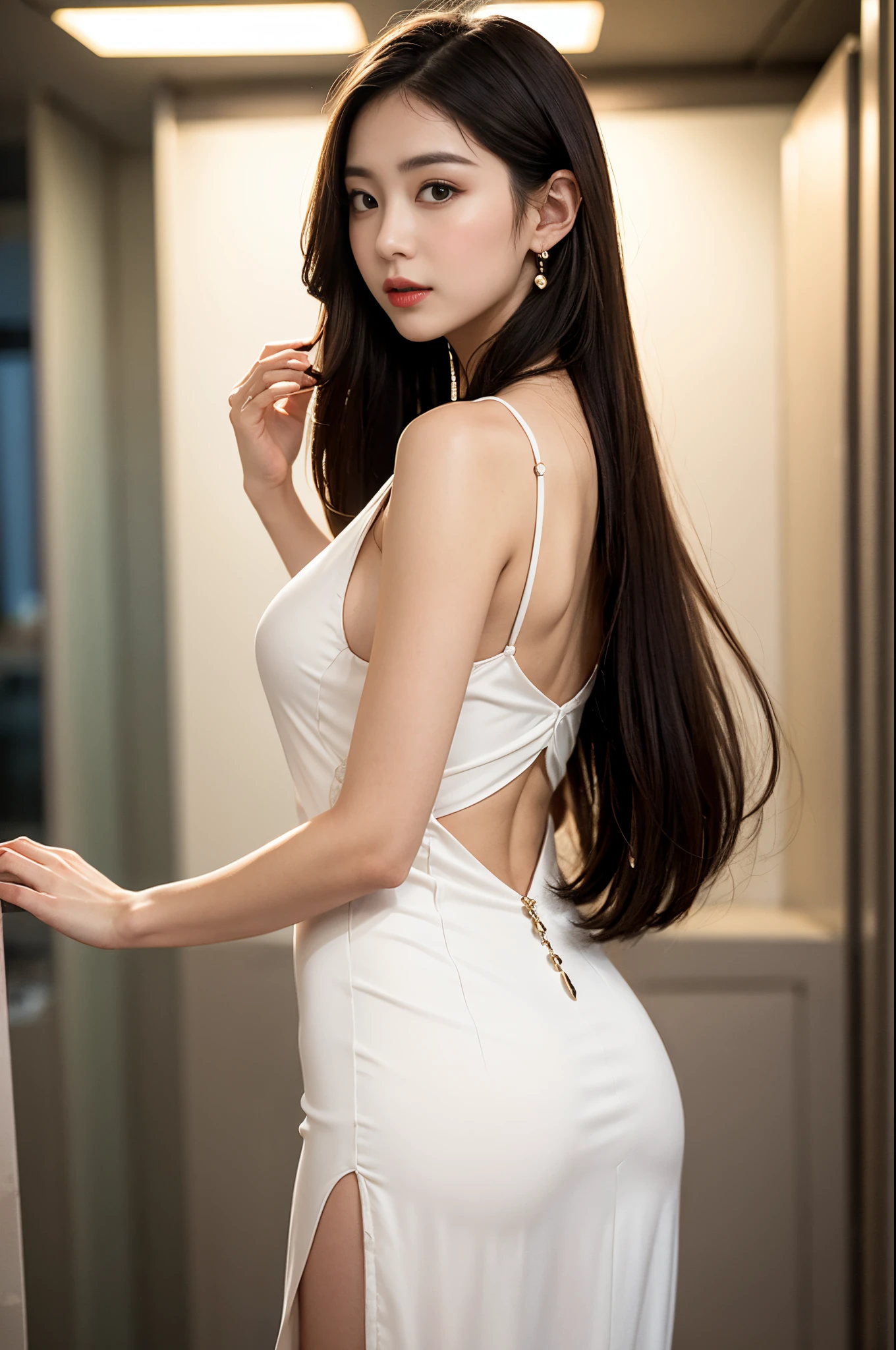 ulzzang -6500-v1.1, (Raw photo:1.2), (Photorealsitic), (Best Quality, masutepiece), Popular actresses、1girl in, Pose, game_nffsw, Party Dresses、Dumpling hairstyle、Dumpling hairstyle、Classy makeup、elegant long dress, Ultra-realistic skin texture、shinny skin、An inviting pose while turning around、Inviting look、(sexual excitement:1.3), turned around、