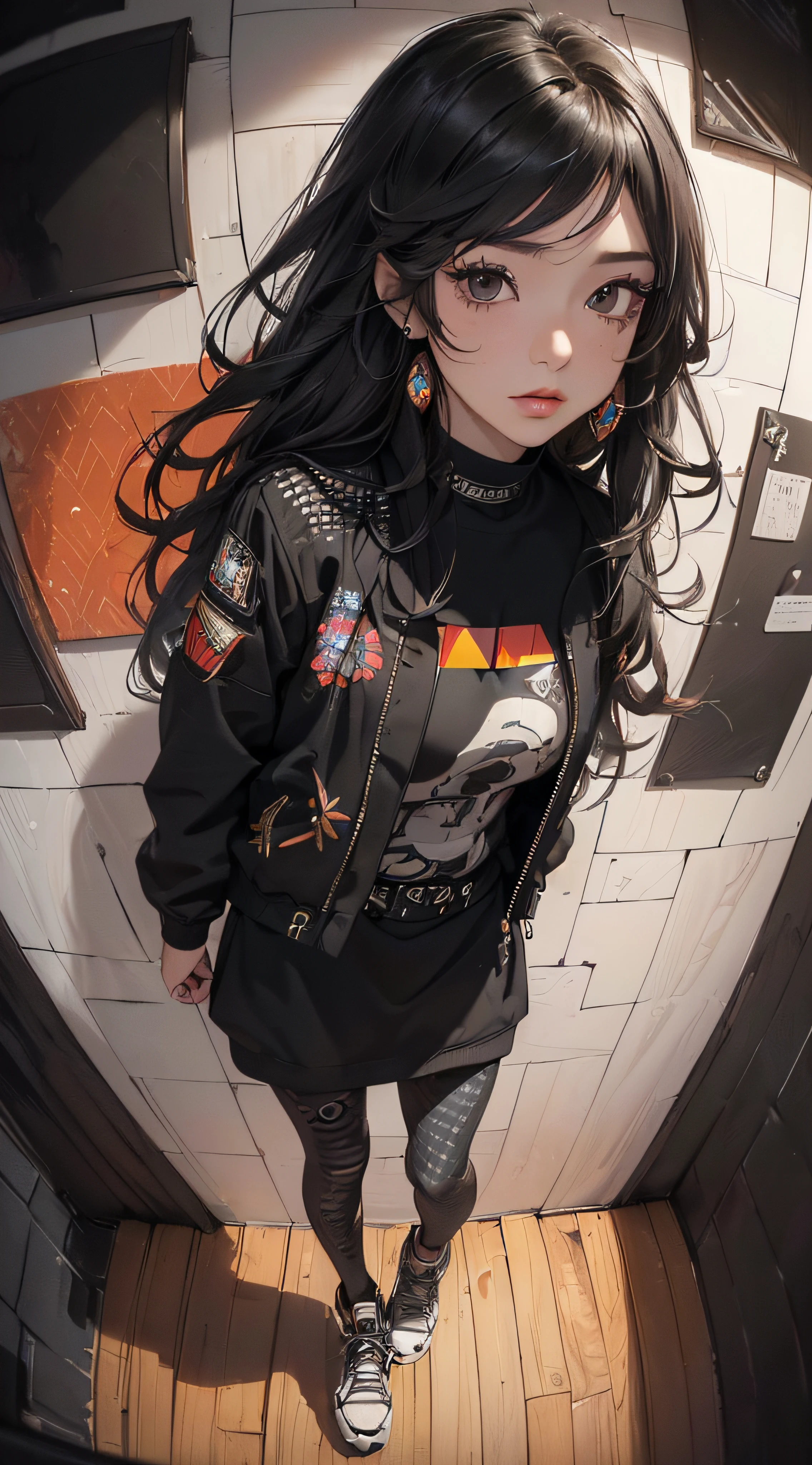 (((8k wallpaper of extremely detailed CG unit:1.2, ​masterpiece, hight resolution:1.2, top-quality:1.2, masutepiece))), ((a very beautiful woman, Hands in pockets:1.8, Grunge Fashion:1.2, Wearing a blouson:1.2, Wearing leggings, Wearing shoes)), ((extra detailed face, Highly detailed black eyes, extra detailed body, Top quality real texture skins)), (A dark-haired, length hair, de pele branca, Small), ((colorful geometric pattern wall, Colorful wall)), (high-angle:1.2, Fisheye:1.3), hyper realisitic, digitial painting,