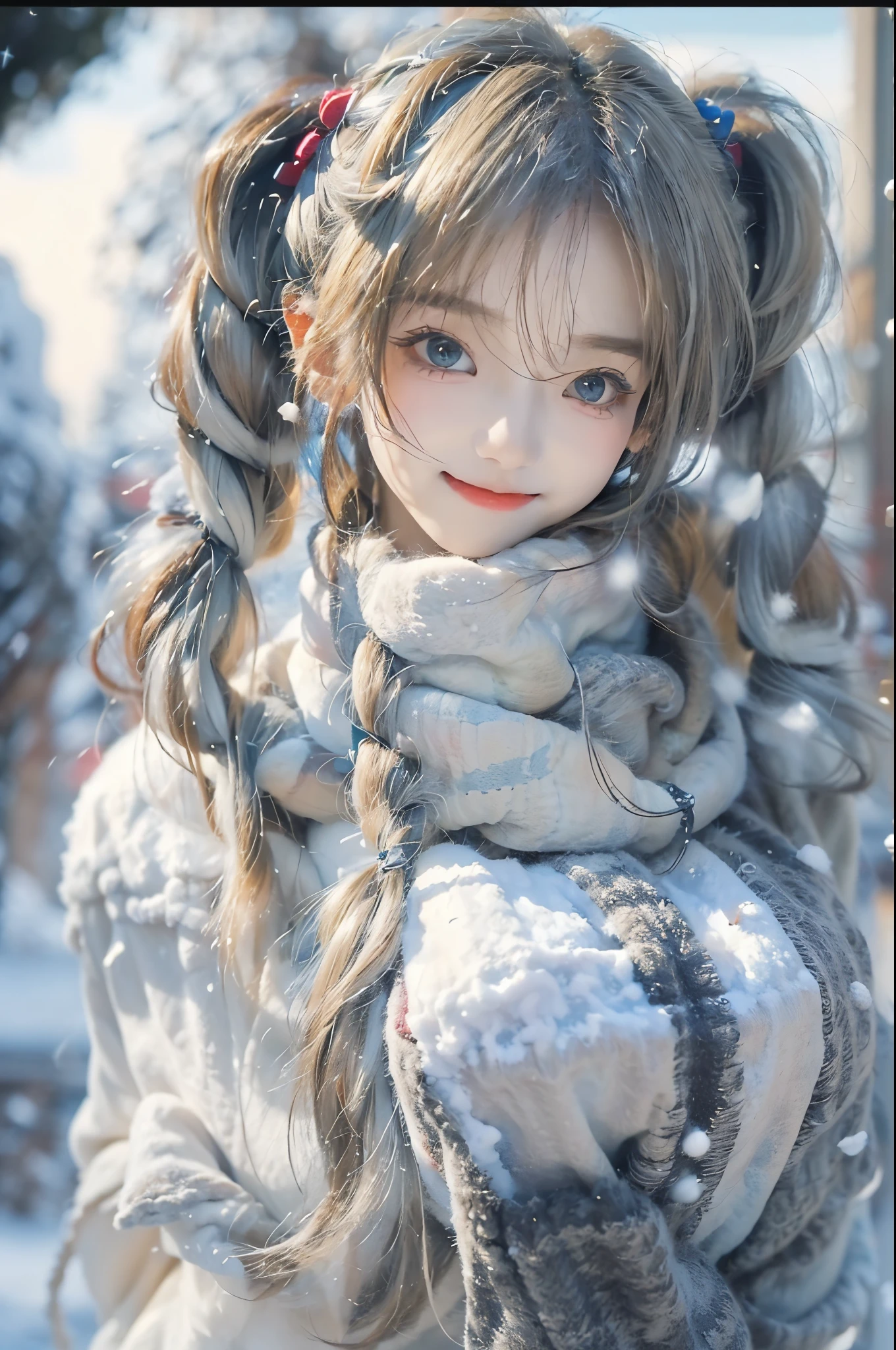 ((top-quality、8K、masterpiece:1.3))、foco nítido:1.2、(realisitic、Photorealsitic:1.37) 、((short twintails:1.3))、snowscape、⛄️⛄️⛄️、A smile、😮💨😮💨😮💨😮💨❄️❄️❄️❄️、28 year old