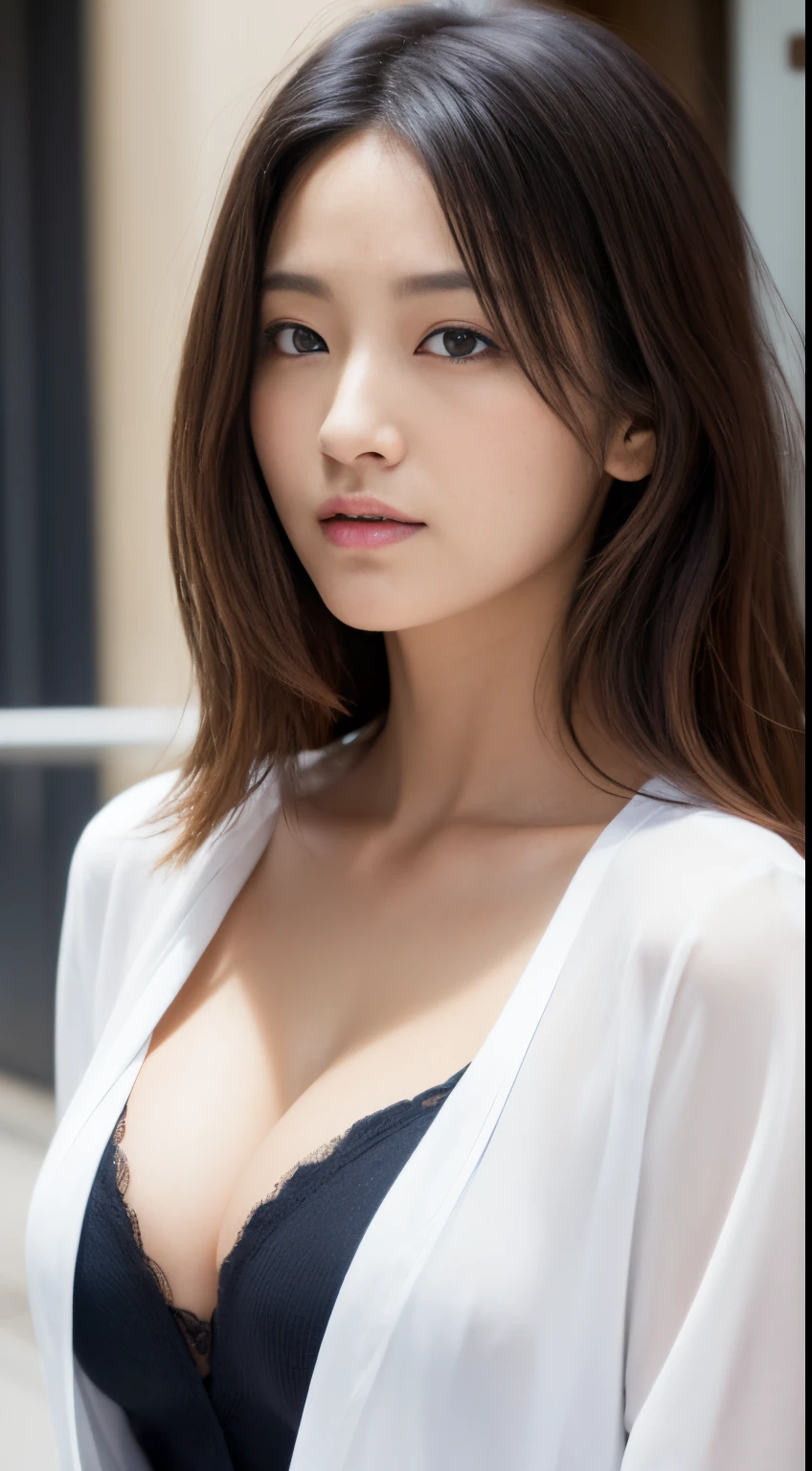 (1人の女性:1.1)、Beautiful adult Japanese woman、((Best quality, 8K, tmasterpiece:1.3))、((Realistic:1.5))、((realistic sense:1.5))、perfect litthing、Beautiful woman with perfect body:1.4、((Layered Hair Style、crisp breasts:1.2))、(Women's shirts:1.2)、(new york street:1.2)、Highly Detailed Face and Skin Textur、Glossy glossy skin、A detailed eye、二重まぶた、(The front of the shirt is open:1.1)、(Cleavage exposure:1.1)、Different opinions、Outcome、