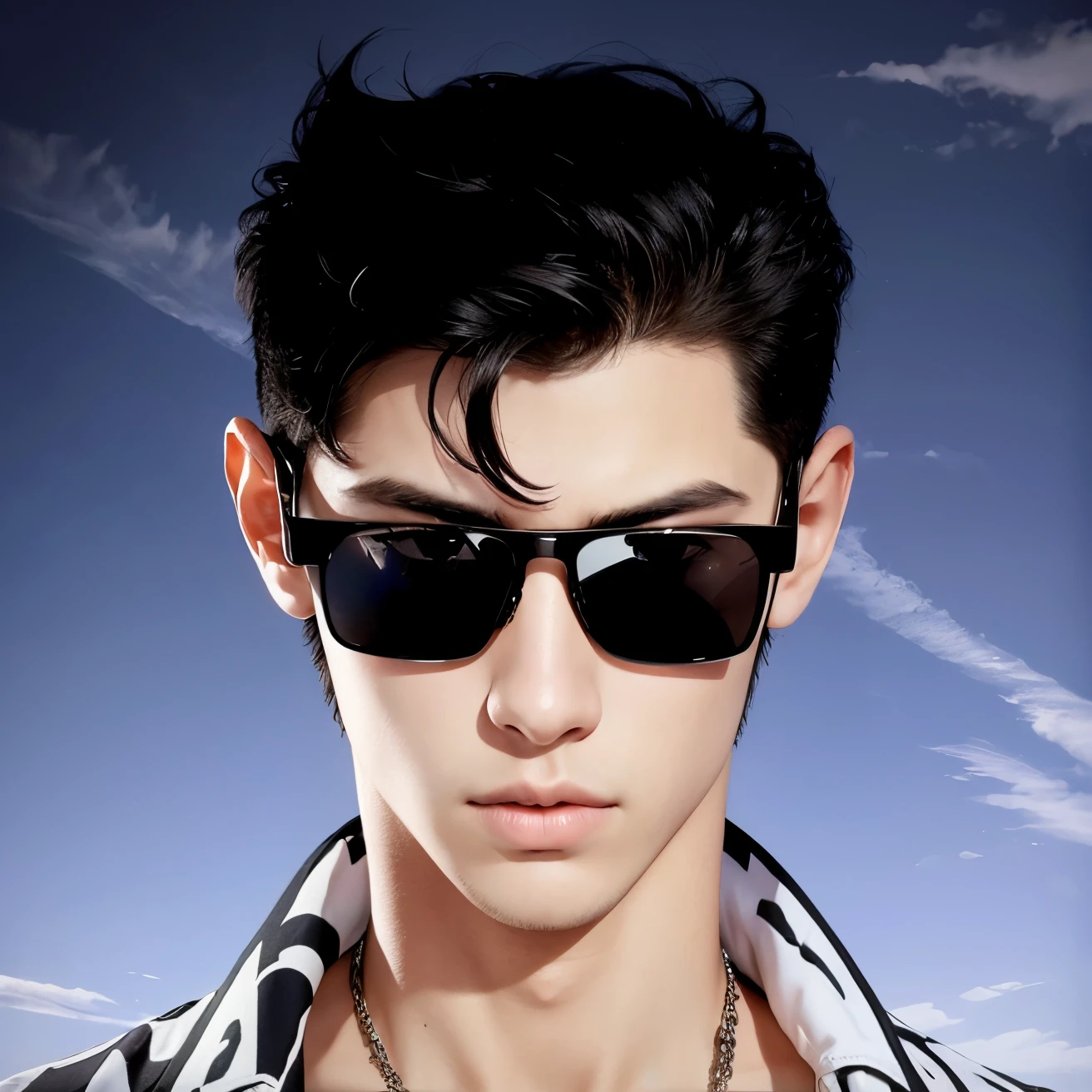 A teenage boy with realistic short black hair, the same realistic hairstyle, realistic handsome face, realistic cool expression, adapt the same realistic clothes, realistic sunglasses, realistic light, realistic shadows, realistic backgrounds, perfect image quality, very good image results, 4k, ultra detailed, realistic