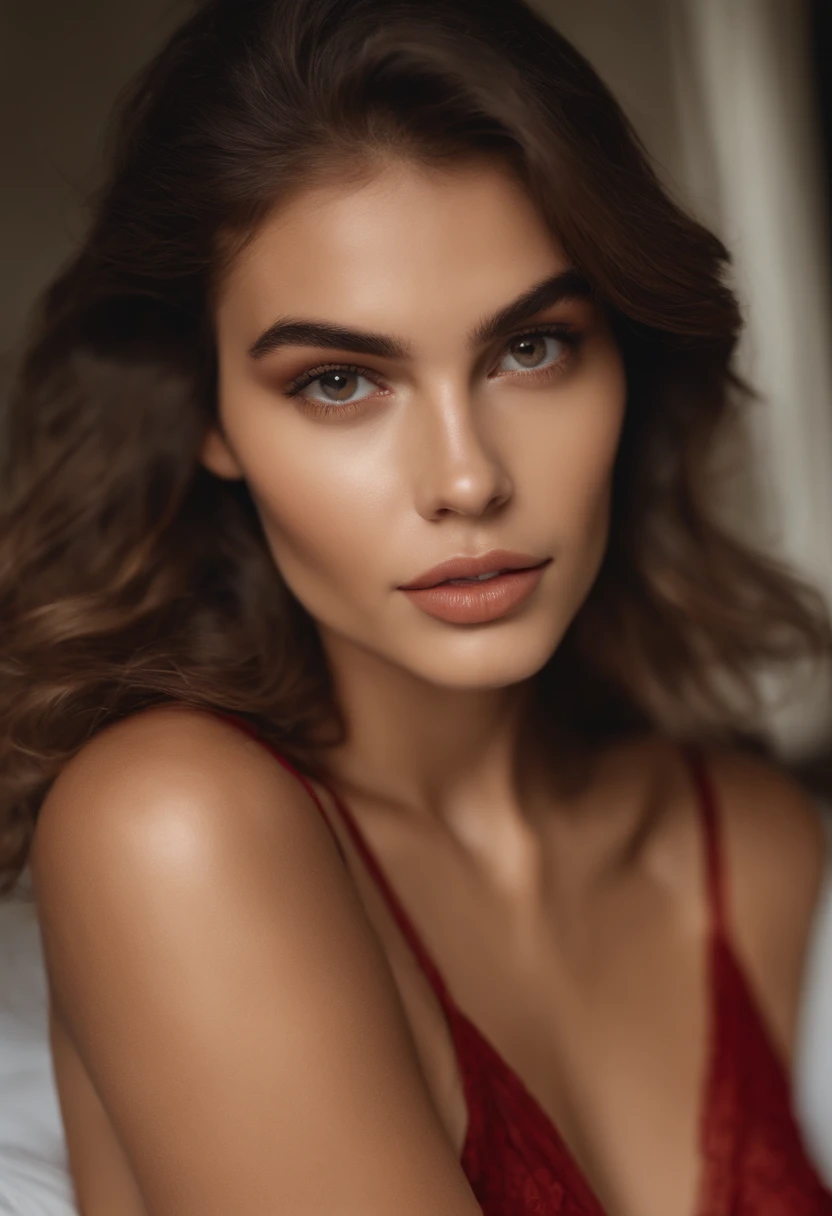 Woman in red lace lingerie slim with the same bare breasts naked , Pukami keeps hair and panties small, Sexy girl with brown eyes, Portrait of Kaia Gerber , brown hair and large eyes, selfie of a young woman, bedroom eyes, violet myers, no makeup, natural makeup, looking straight at camera, face with artgram, fine makeup, Stunning full-length shot, in bedroom, décolleté, Curvaceous, , big thighs , big breastes