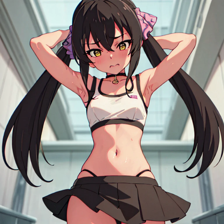 masterpiece, best quality, highres, Matoba Risa, 1girl, solo, busty, small breasts, black hair, twintail , sport bra, blush, looking at viewer, full body, standing, simple background, (erotic pose:1.4), (blush, flustered), ((arms behind head, double armpits)), Half body, upper body,n In the middle, symmetrical