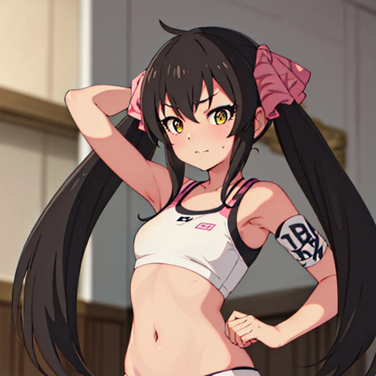 masterpiece, best quality, highres, Matoba Risa, 1girl, solo, busty, small breasts, black hair, twintail , sport bra, blush, looking at viewer, full body, standing, simple background, (erotic pose:1.4), (blush, flustered), ((arms behind head, double armpits)), Half body, upper body,n In the middle, symmetrical