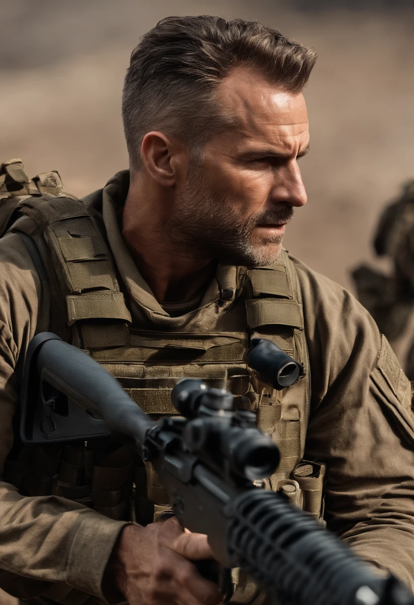 An image of SGT Johnny 'Soap' MacTavish leading a tactical weapons training session for Task Force 141, with his squadmates taking aim at targets.,Call of Duty: Modern Warfare series,SGT Johnny "Soap" MacTavish is famously portrayed by Neil Ellice, with blue eyes, a short buzzcut Mohawk haircut (Widows peak hairline), and a short beard. His jawline is defined, and his ears are a bit smaller than the average human male.