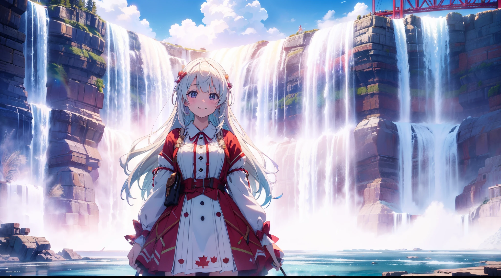 1 cute girl , (Canadian traditional costume), (standing in front of Niagara falls), cowboy shot, character focus, smile, cinematic lighting, rainbow , high resolution,(incredibly absurdres) ,extremely detailed CG unity 8k wallpaper, ((masterpiece)), ((top-quality)), (beautiful illustration), ((an extremely delicate and beautiful))