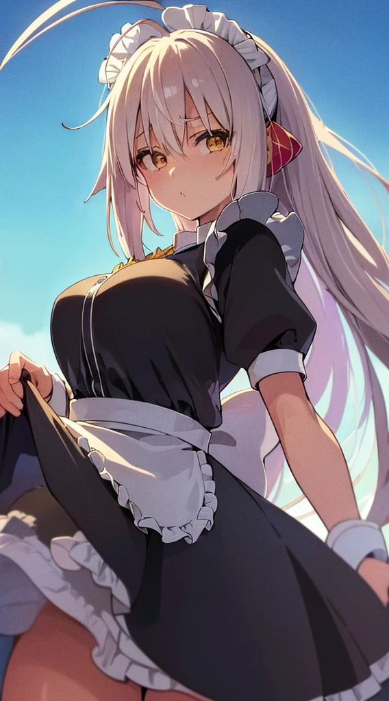 (((top-quality,ultra-detailliert,8K,))),white hair,side poneyTail,animal long ears,plump tits,(anime ahoge:1.7),(maid clothes:1.4),arm,good-looking