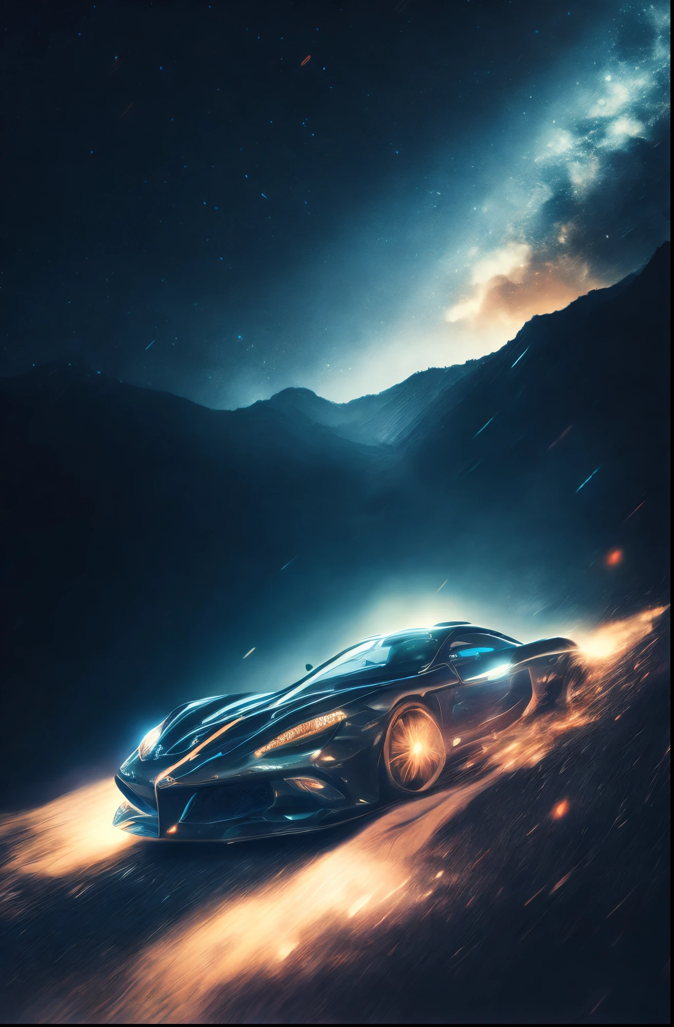 A super car travelling at a high speed and going up a hill, night sky, stars in the night sky, motion blur, foggy environment, a low angle shot, Photorealistic, UHD