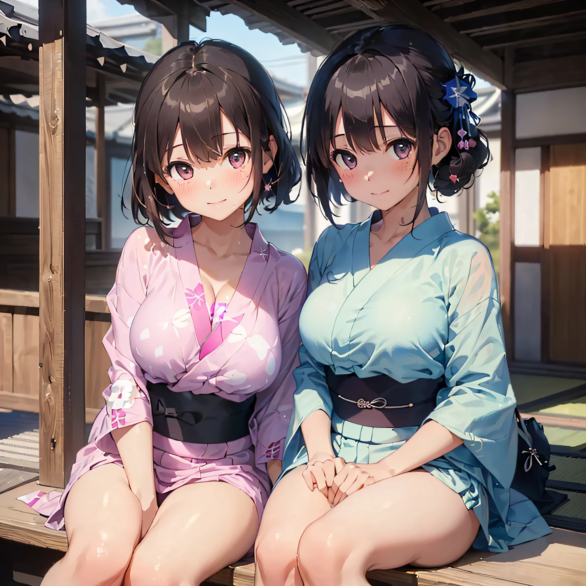 ((2girl : 1.8)), high-definition images,  ((anatomically complete:1.2)), accurate legs, atmospheric perspective, 8k, super detail, accurate, best quality, two shot, two women, ((Yukata girl :1.6)), different color clothes,  ((show off nipples:1.9)), ((show off pussy:1.5)), ((spread pussy:1.5)), open mouth, open legs, (ecstasy face), (drooping eyes, blush sleepy), slut, (showing off her areola), masturbation, outdoor, in Kyoto town, ((crouching on grass), sitting line up, cute face, accurate arms, 8K, masterpiece, perfect legs, perfect hands, perfect arms, perfect body, (different hair style:1.3), (different face:1.3), ((hair up)),  1girl is black hair and another girl is blonde hair,  natural pause, balanced body, skirt lift, ((no extra legs)), no extra hands, no long neck, natural, 2 legs, 2 hands, ((open clothes:1.5)), ((two girls lined up)), Both of them have their clothes open, ((large breasts)), female public hair, Both of them have their clothes open, one small pussy, natural skin, ((looking at viewer)), from below, accurate fingers, 