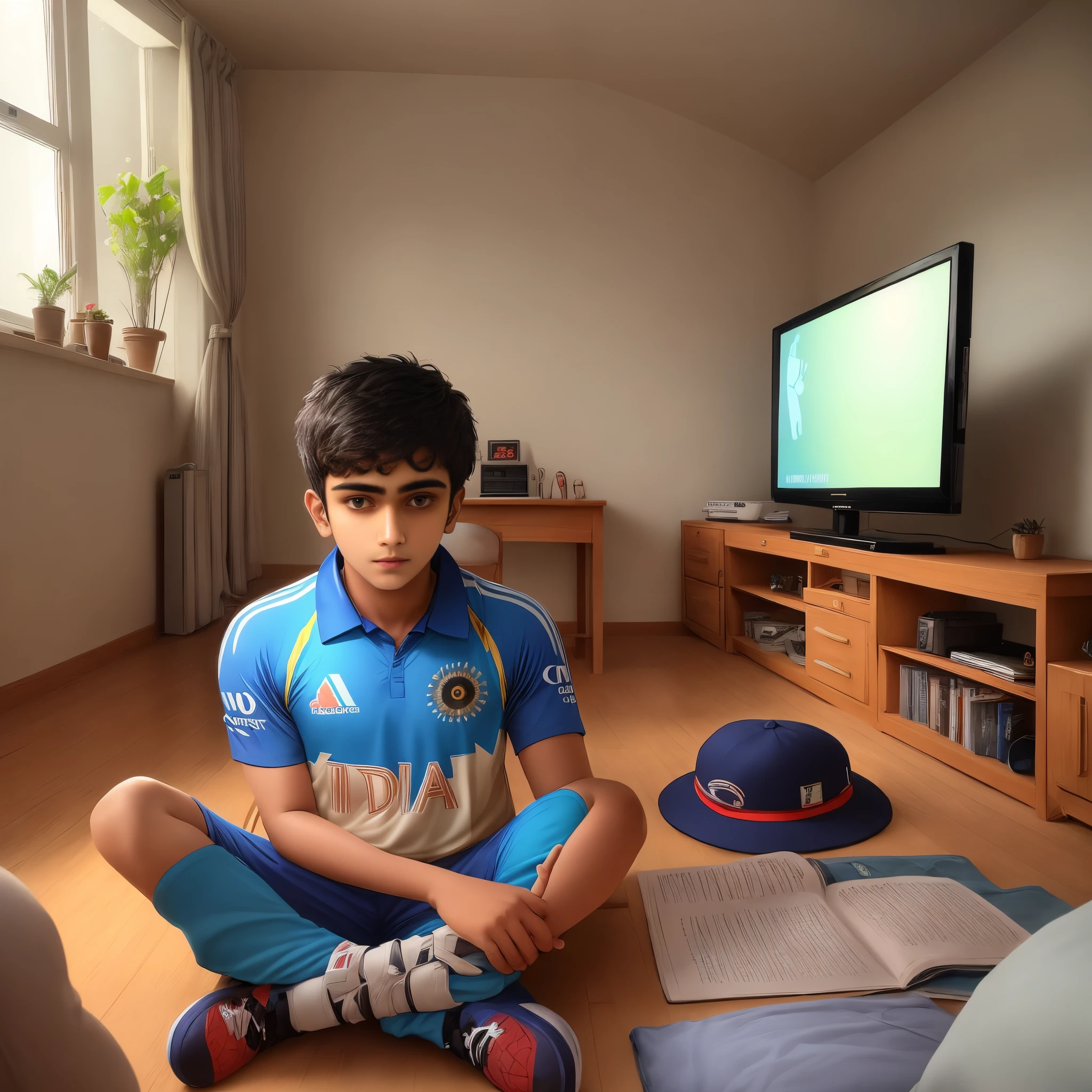 A boy setting in this room and watching Indian cricket match on tv.in tv Indian cricket match jarsey number 7 with UTTAM name written it