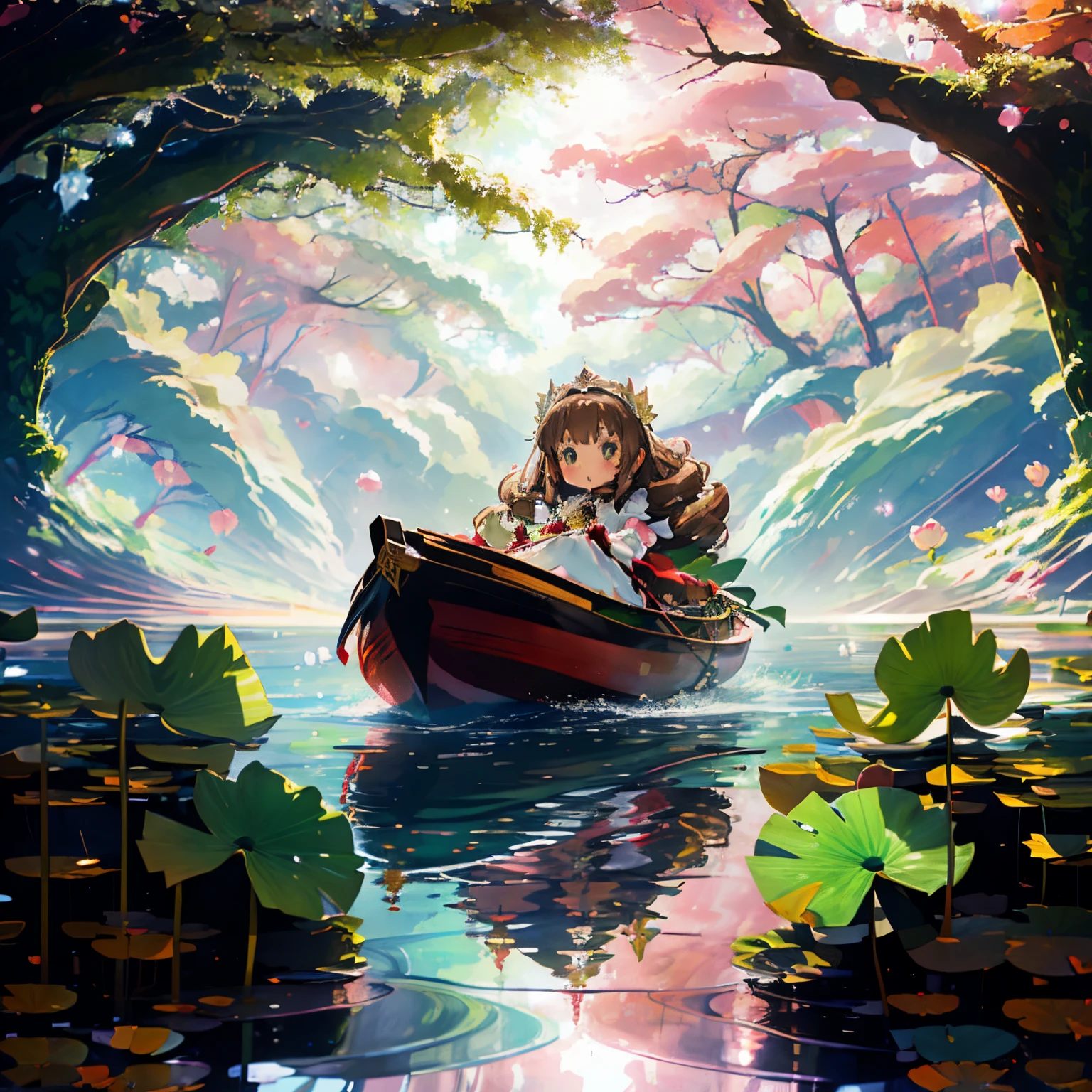 A beautiful river and large lotus leaves in the forest,lotus leaf boat,A  girl is riding a lotus leaf boat,Princess Oyayubi,fluffy voluminous hair,Pretty princess,lightbrown hair,Fluffy pink, white and red princess-like dress,Slight red tide,Kamimei,a frog is swimming in the water,little fairies are flying around,Sparkling water surface and light