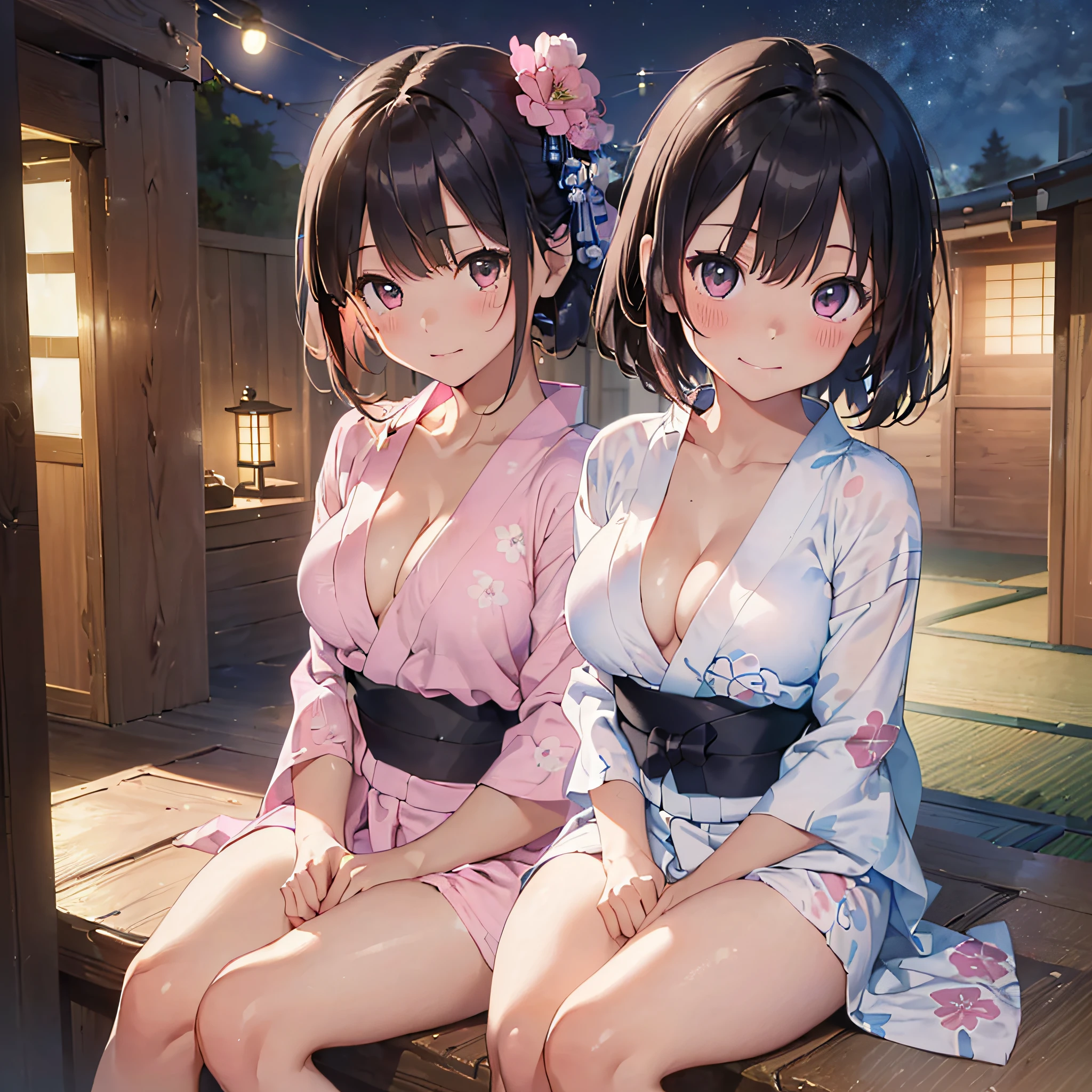 (​masterpiece:2.0), (top-quality:2.0), (sitting naked:1.5), (extremely mini skirt extremely small pink yukata:1.5), (super thin fabric:1.5), (sexypose:1.5), (blushed face:1.3), (barechested:1.3), (realistic:1.5), 1 little girl, precise hands, Embarrassed look, light smile, Look at me and smile, extremely cute girl, innocent face, young face, Clear eyes, Shining eyes, small breast, (cleavage of the breast is visible:1.5), (the thighs is visible:1.5), The crotch is visible, No pubic hair, full body, The beautiful skin, ultra-definition, Top resolution, japan high school student, brown hair, at the night festival