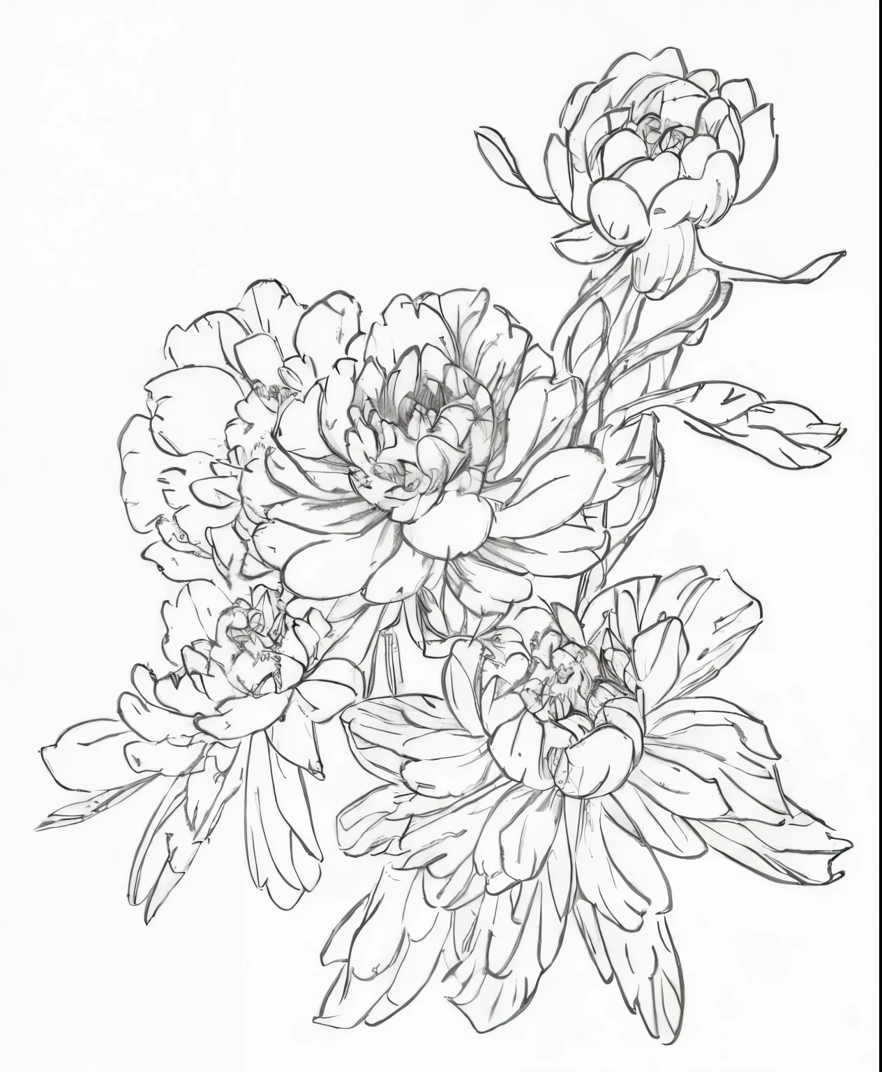 A drawing of a flower,it has leaves and flowers on it, flowers with intricate details, peony flower, peony flower, Detailed flower, Peonies, intricate floral designs, line art, Clean ink detailed line drawing, Many peonies, thin line art, Peonies, Black peony, higly detailed black ink outline, Very detailed lines