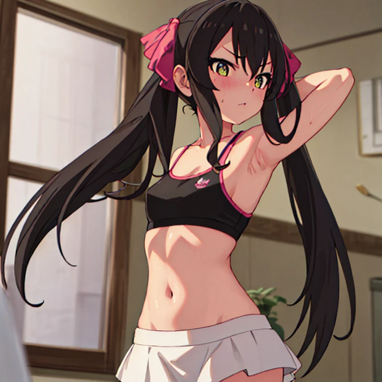 masterpiece, best quality, highres, Matoba Risa, 1girl, solo, busty, small breasts, black hair, twintail , sport bra, blush, looking at viewer, full body, standing, simple background, (erotic pose:1.4), (blush, flustered), ((arms behind head, double armpits)), Half body, upper body,n In the middle, symmetrical