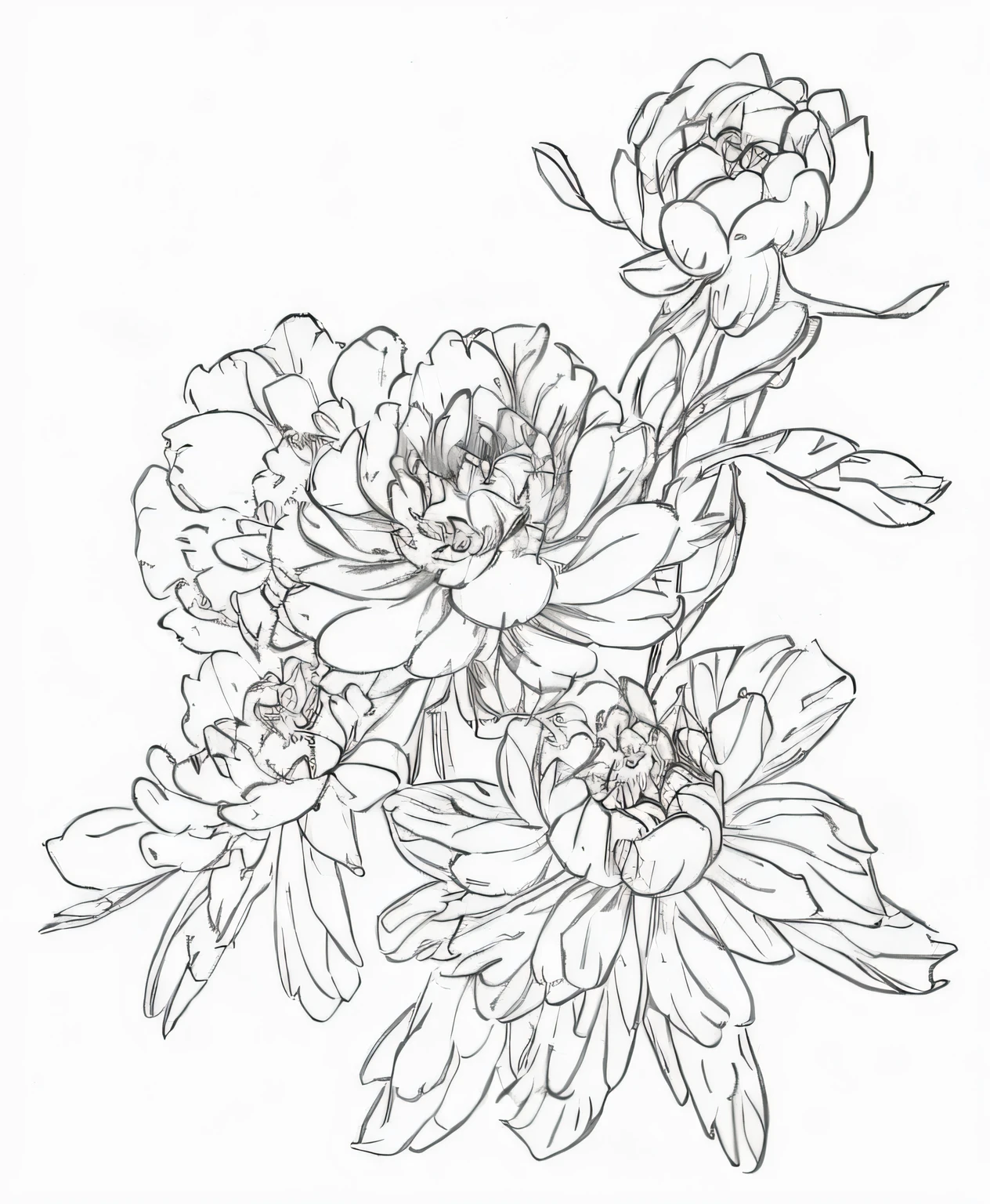 A drawing of a flower,It has leaves and flowers on it, flowers with intricate details, peony flower, peony flower, Detailed flower, Peonies, intricate floral design, line art, Clean ink detailed line drawing, Many peonies, thin line art, Peonies, Black peony, higly detailed black ink outline, Very detailed lines