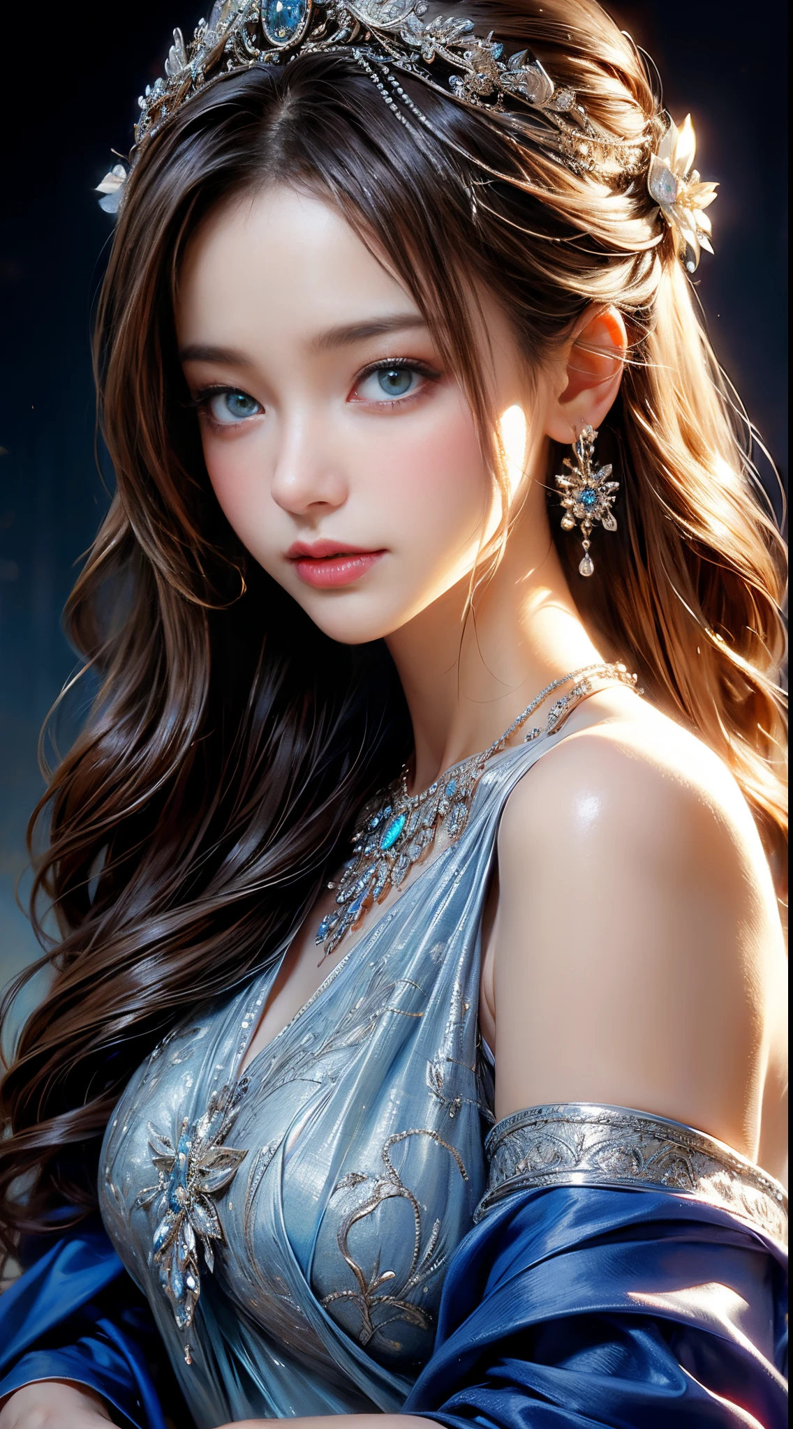 detailed eyes, detailed lips, silver and blue dress, elegant pose, soft lighting, realistic portrait, high resolution, bokeh, vivid colors, fine brush strokes, oil painting style, delicate features, graceful expression, professional photography style, model-like appearance, refined beauty, subtle smile, atmospheric background, contemporary art style, shiny fabric, feminine charm, intricate patterns, sophisticated jewelry, ethereal atmosphere.