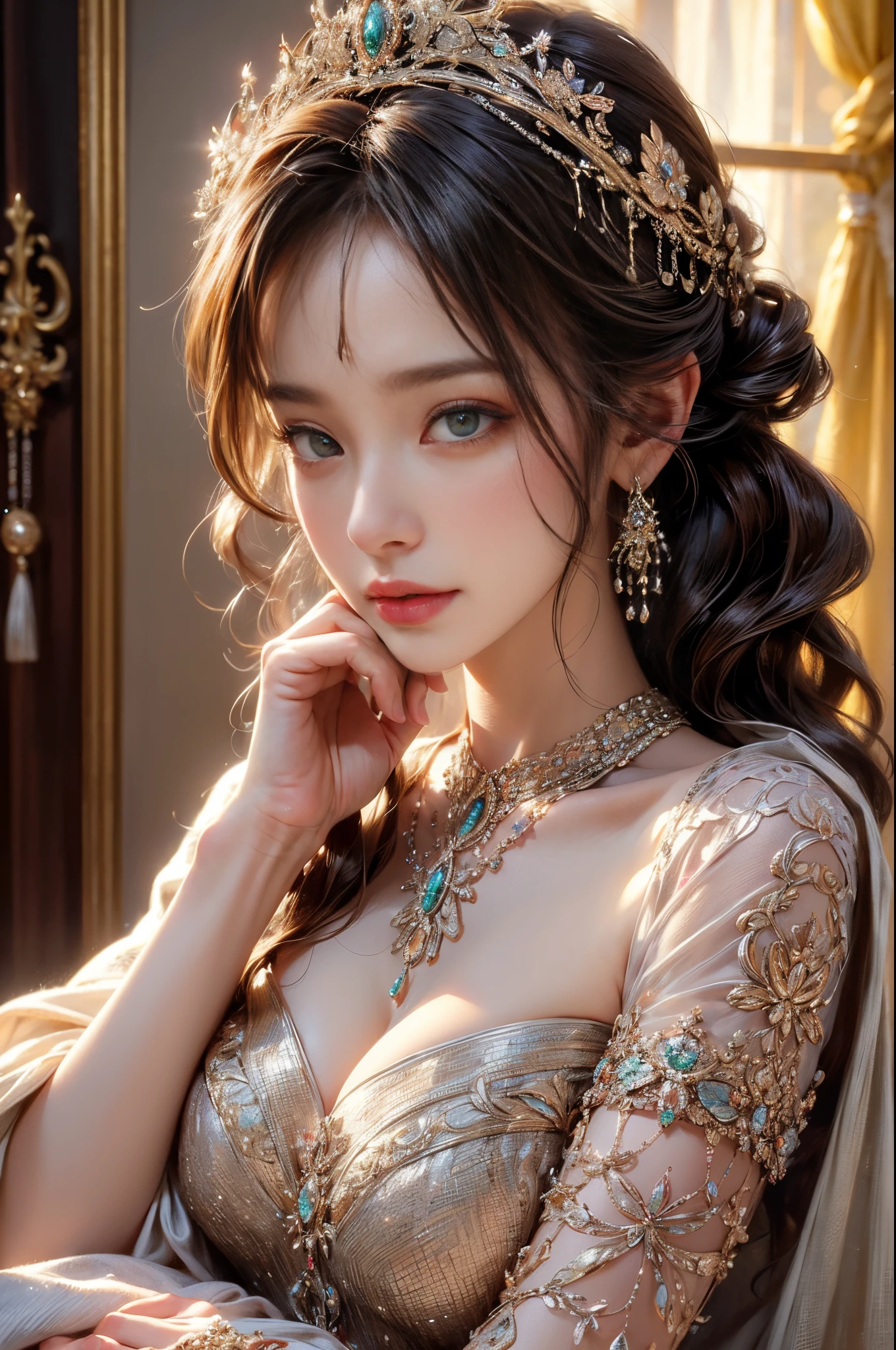 High-resolution,ultra-detailed,photorealistic,(best quality,4k,8k,highres,masterpiece:1.2),soft lighting,realistic portrait,bokeh,vibrant colors,finely brushed,oil painting style,graceful facial features,elegant expression,professional photography style,model-like appearance,exquisite beauty,subtle smile,atmospheric background,contemporary art style,lustrous fabric,feminine charm,intricate patterns,exquisite jewelry,ethereal ambiance.