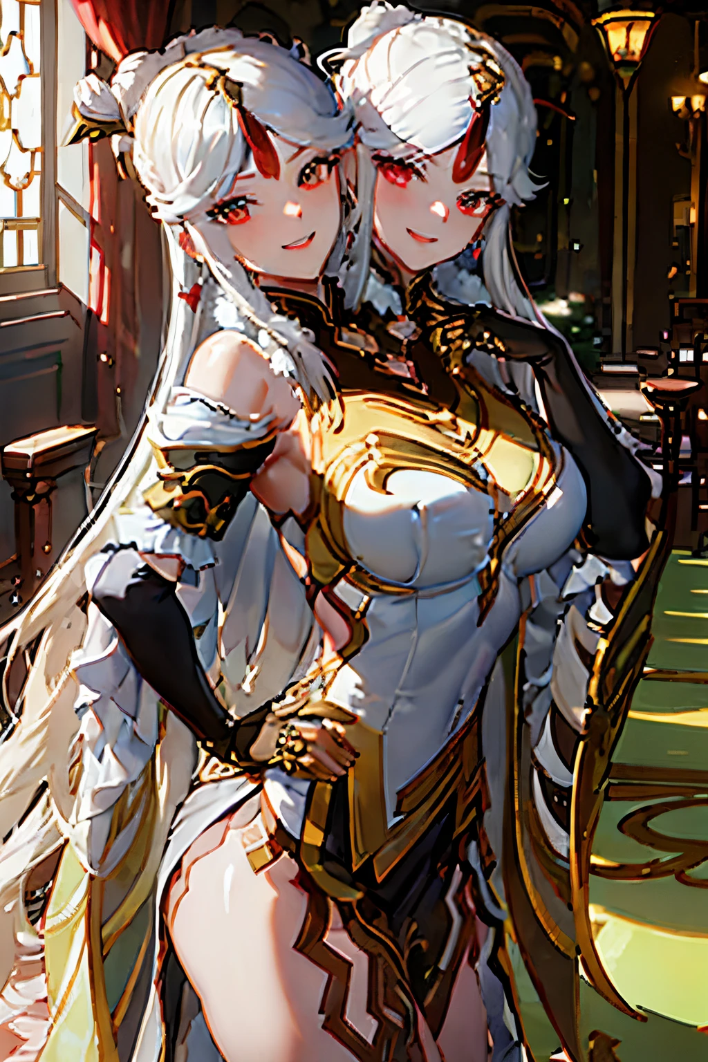 (masterpiece, best quality), best resolution, (2heads:1.5), 1girl, armor, bangs, breasts, cape, cape lift, earrings, gloves, hand on hip, headband, jewelry, long hair, looking at viewer, open mouth, shoulder armor, smile