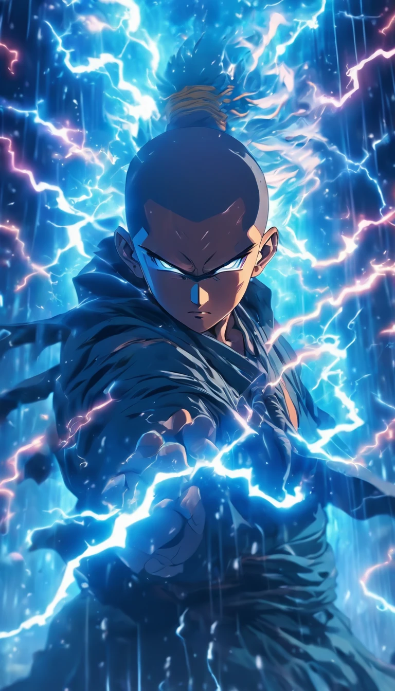 A young monk with an infinite sword system, surrounded by lightning and a rain of swords, in a surreal, hyper-realistic photograph. The artwork is in the style of traditional Chinese black and white ink painting, with a touch of color transformation, using ink dots to create a mesmerizing effect. The image is in the best quality, with a resolution of 8K, showcasing ultra-detailed elements and excellent craftsmanship. The lighting is meticulously designed to enhance the mood and bring out the depth of the scene.