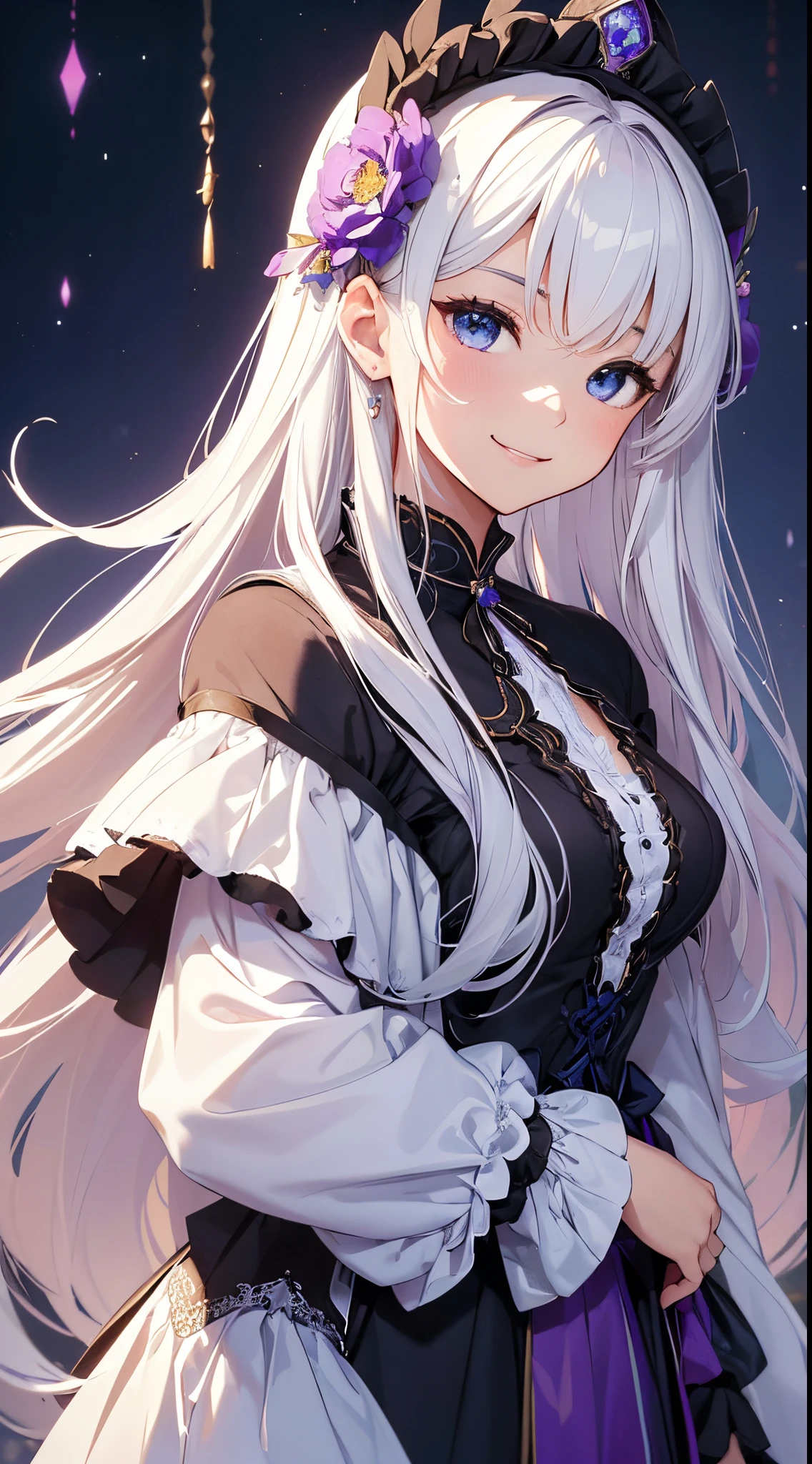 (​masterpiece、top-quality、top-quality、Official art、Beautifully Aesthetic:1.2)、(1womanl)、ighly detailed、(Fractal Art:1.4)、highestdetailed、long wavy white hair、Blue eyes、rounded drooping eyes、very small chest 、Flat, Poor chest、Mature beautiful woman、The background is a cute purple and blue lace pattern..、Lolita fashion based on black、Ruffled headdress、Cute smile、Outstanding smile