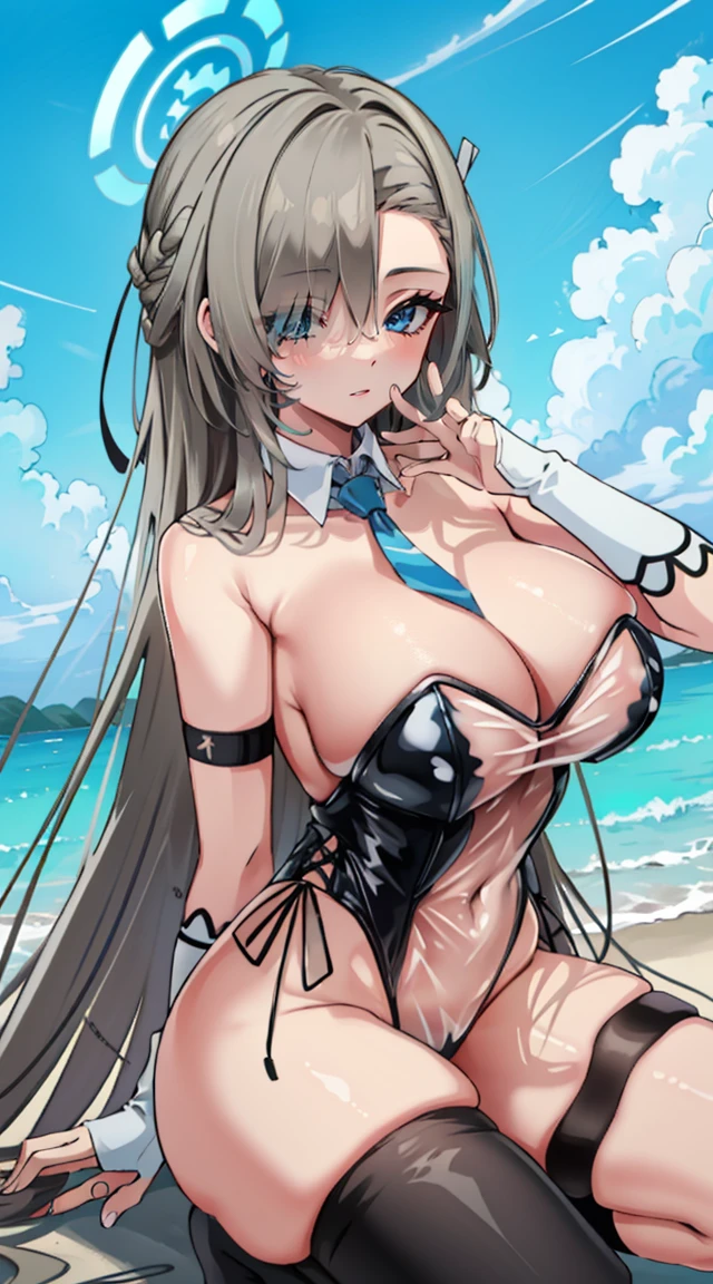 (A high resolution), (Ridiculous resources), (Best quality at best), (high high quality), (tmasterpiece), 1 plump girl, Asuna, eBlue eyes, Long gray hair, The halo, hair covering one eye, Very long hair, Light brown hair, (Large , The cracks are relatively large), Latex high socks, Red latex stockings, praying hands logo, looking at viewert, 8K HD RTX, Delicate finger detailing,obscene exposure,slimfigure,