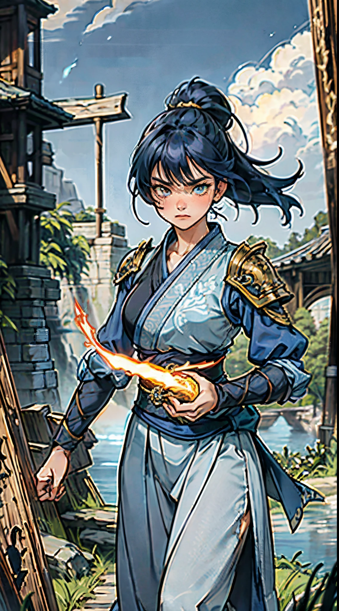 A young women, indigo blue hair, raised and fluffy short hairstyle, sharp gaze, a serious expression, a fantasy martial arts style sky-blue fabric kung fu outfit, tattered sleeves, hands wrapped with cords, a linen belt tied around the waist, coarse fabric trousers, on the cliff in the darkness of the night, this character embodies a finely crafted fantasy martial arts-style fighter in anime style, exquisite and mature manga art style, high definition, best quality, highres, ultra-detailed, ultra-fine painting, extremely delicate, professional, anatomically correct, symmetrical face, extremely detailed eyes and face, high quality eyes, creativity, RAW photo, UHD, 8k, Natural light, cinematic lighting, masterpiece-anatomy-perfect, masterpiece:1.5